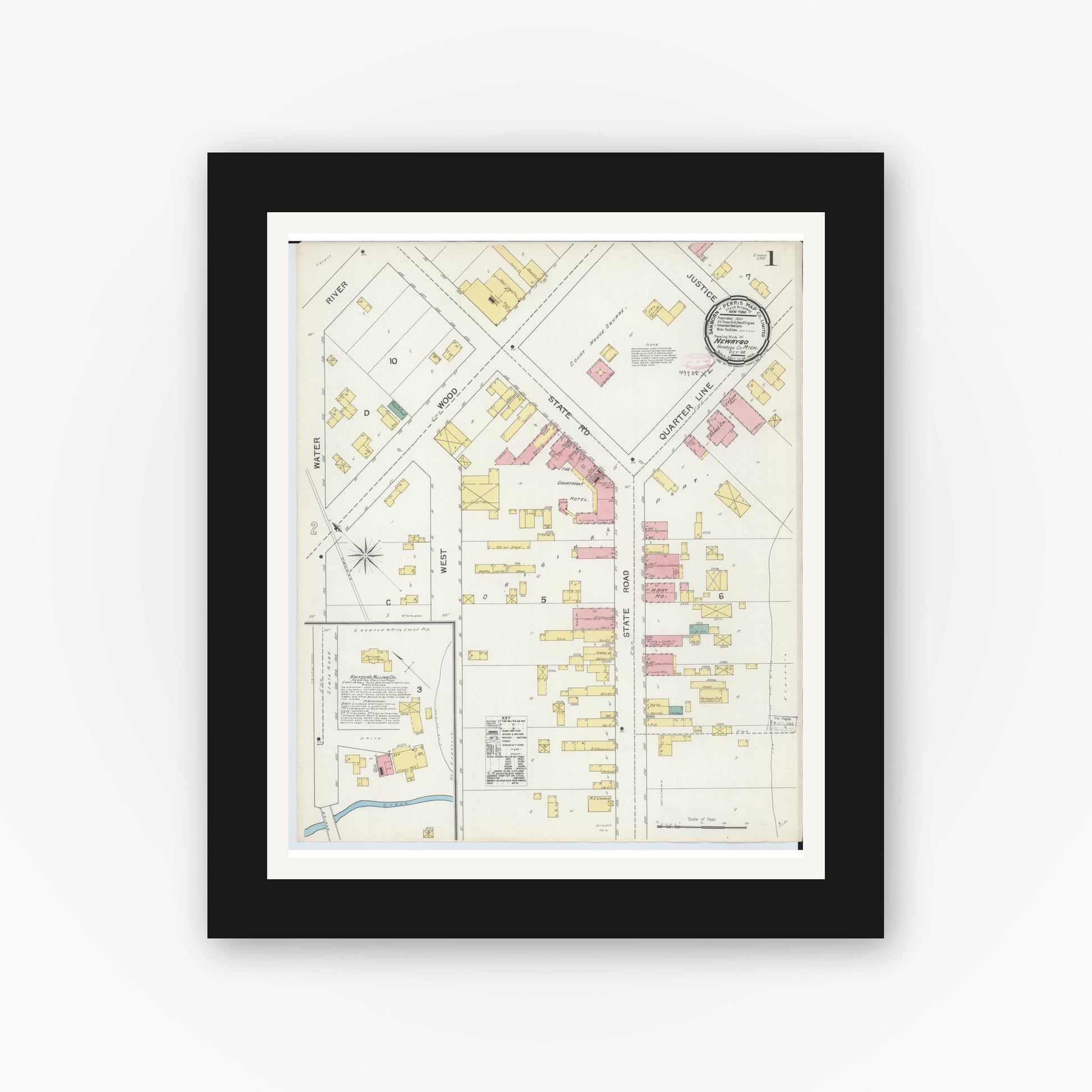 Old map wall art mockup — black gallery frame with white mat — Sanborn Fire Insurance Map from Newaygo, Newaygo County, Michigan (1892) - Complete Map Set