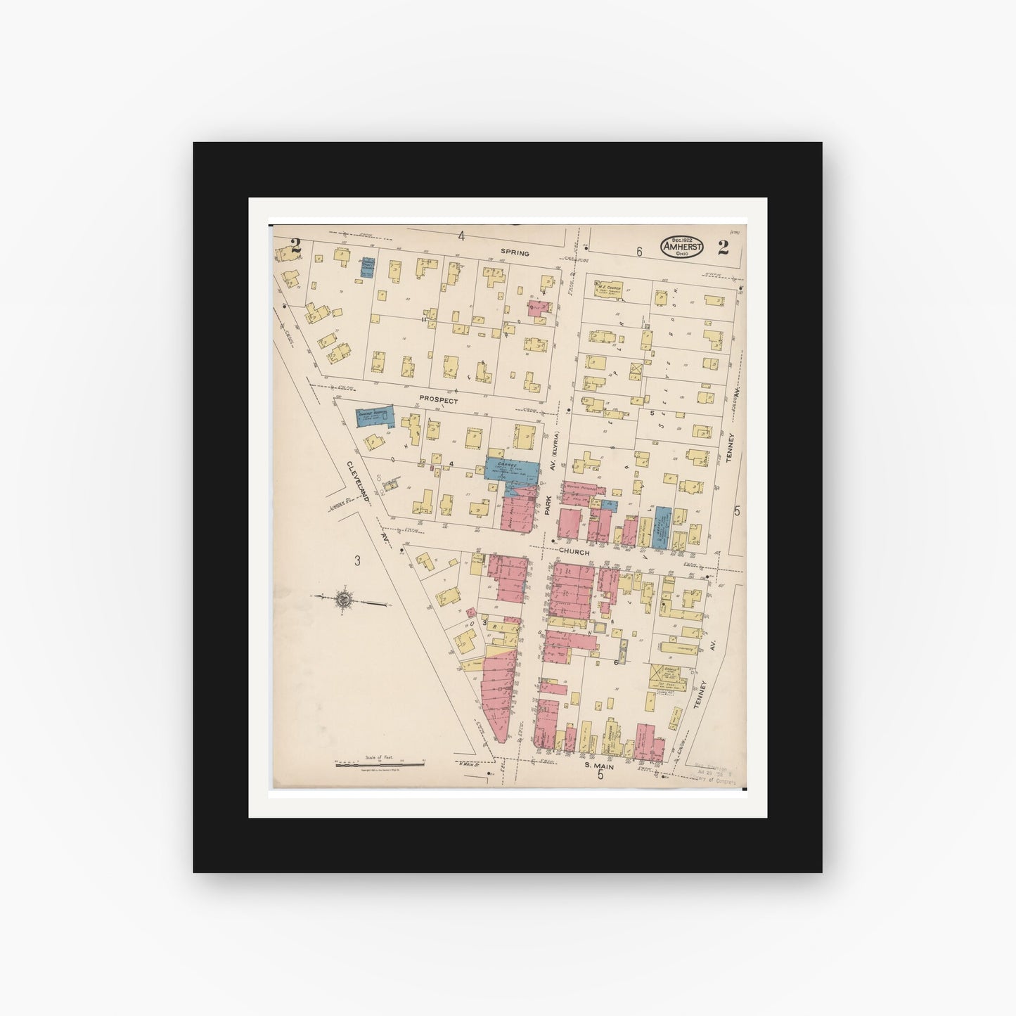 Old map wall art mockup — black gallery frame with white mat — Sanborn Fire Insurance Map from Amherst, Lorain County, Ohio (1922), Sheet #0002