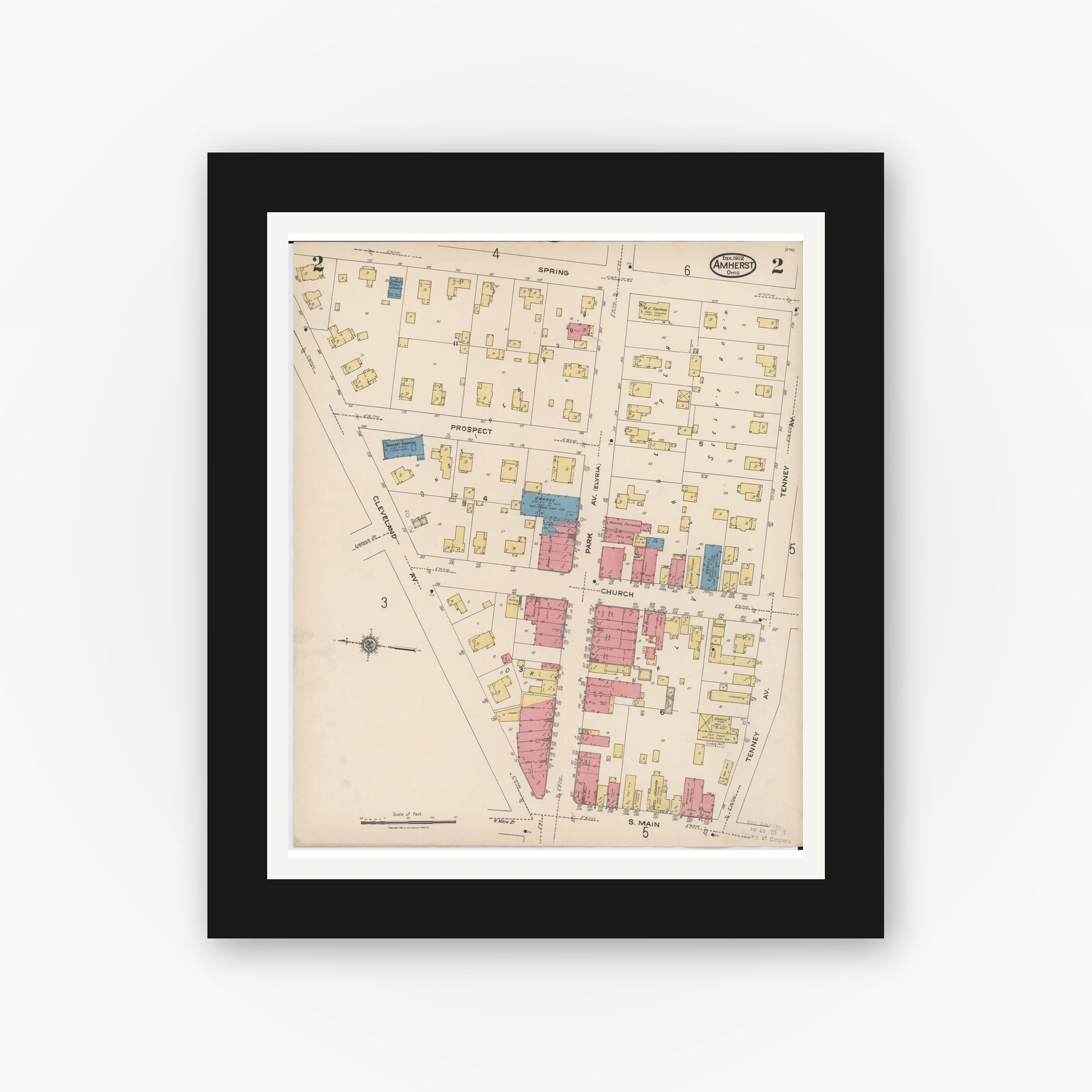 Old map wall art mockup — black gallery frame with white mat — Sanborn Fire Insurance Map from Amherst, Lorain County, Ohio (1922), Sheet #0002