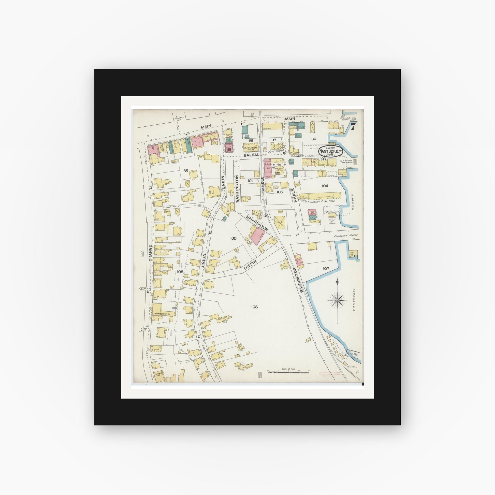 Old map wall art mockup — black gallery frame with white mat — Sanborn Fire Insurance Map from Nantucket, Nantucket County, Massachusetts (1892), Sheet #0007