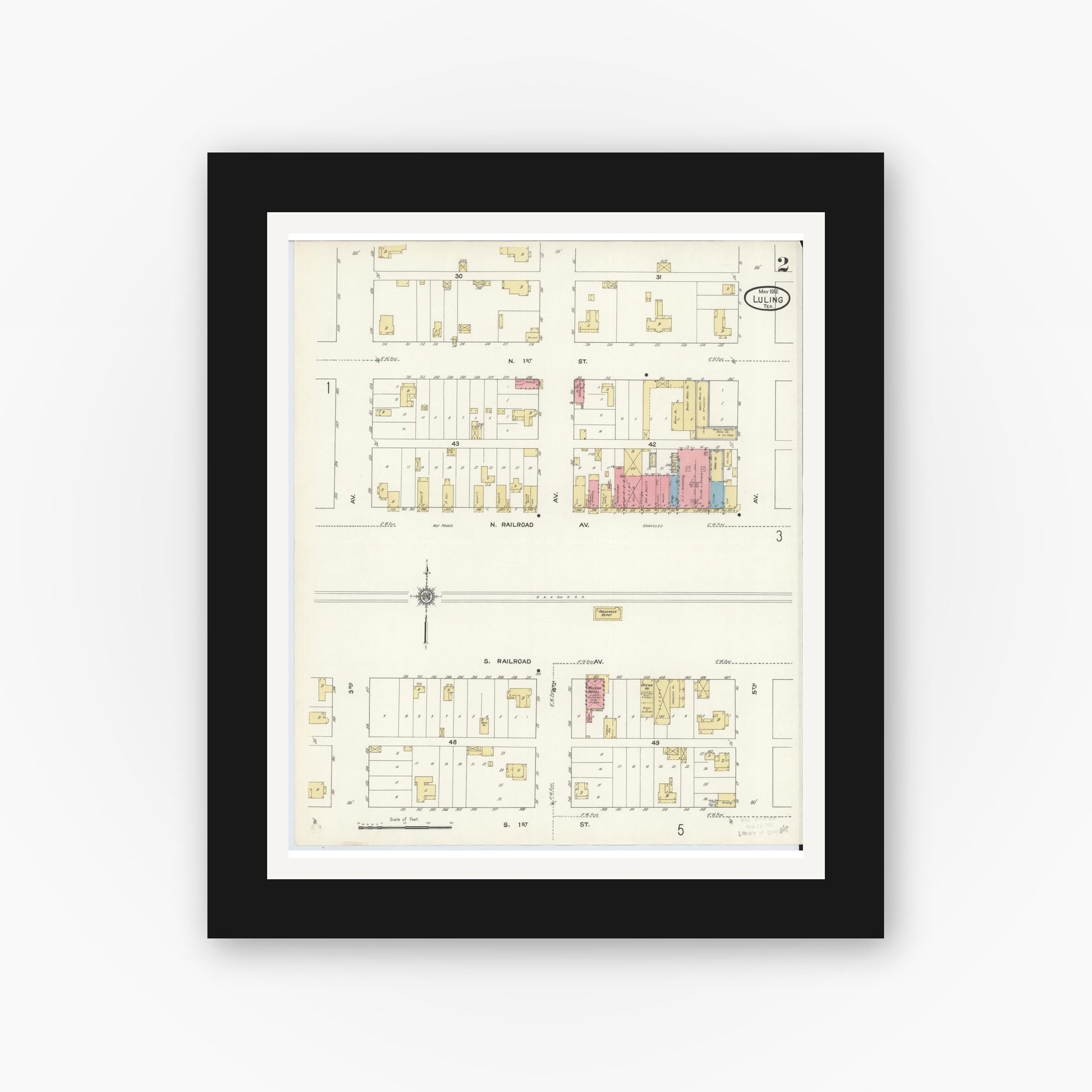 Old map wall art mockup — black gallery frame with white mat — Sanborn Fire Insurance Map from Luling, Caldwell County, Texas (1912), Sheet #0002