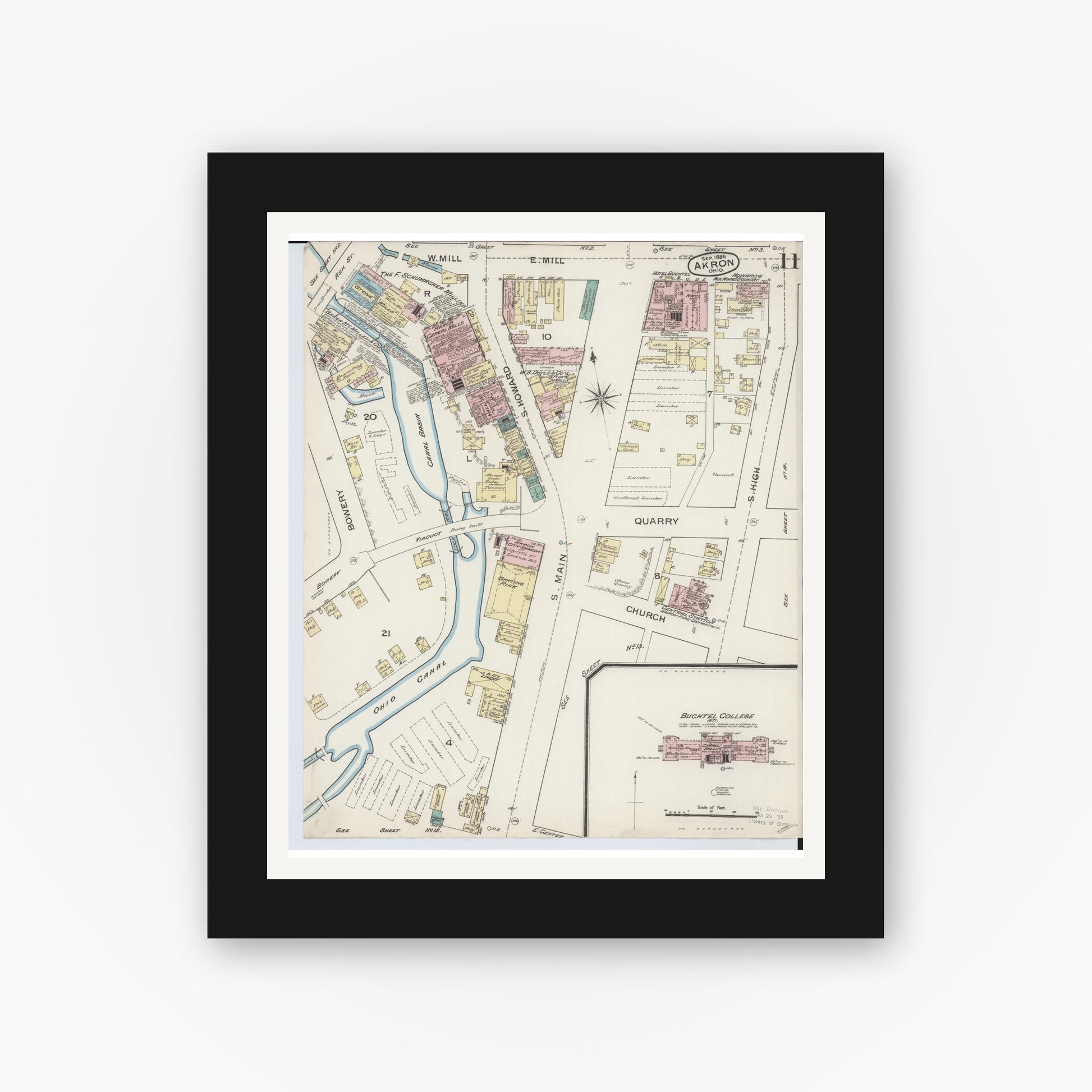 Old map wall art mockup — black gallery frame with white mat — Sanborn Fire Insurance Map from Akron, Summit County, Ohio (1886), Sheet #0011