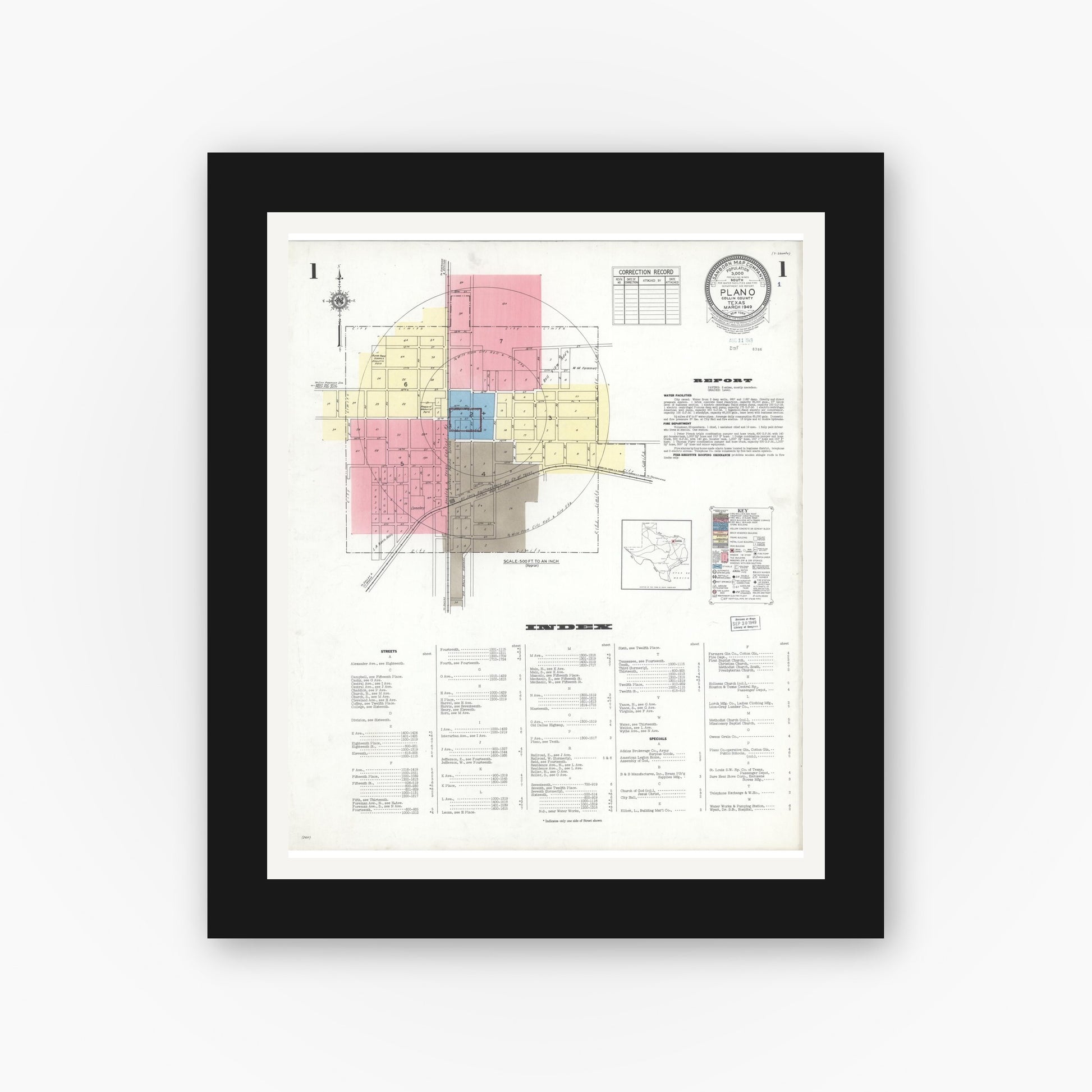 Old map wall art mockup — black gallery frame with white mat — Sanborn Fire Insurance Map from Plano, Collin County, Texas (1949), Sheet #0001