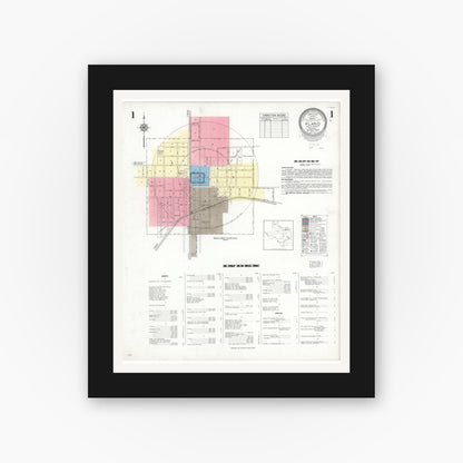 Old map wall art mockup — black gallery frame with white mat — Sanborn Fire Insurance Map from Plano, Collin County, Texas (1949), Sheet #0001