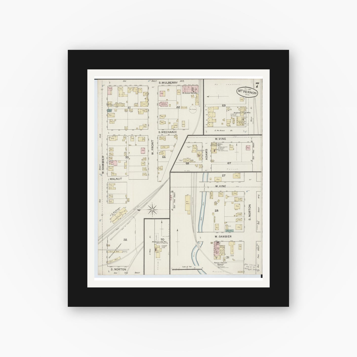 Old map wall art mockup — black gallery frame with white mat — Sanborn Fire Insurance Map from Mount Vernon, Knox County, Ohio (1887), Sheet #0007
