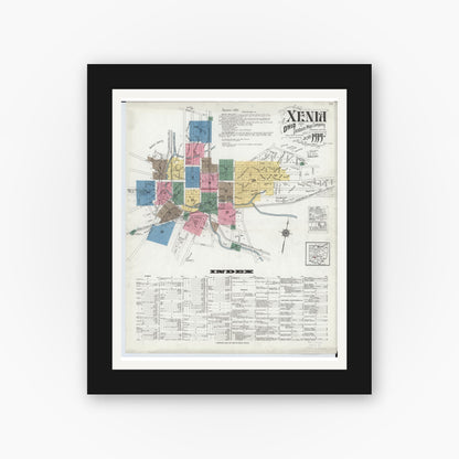 Old map wall art mockup — black gallery frame with white mat — Sanborn Fire Insurance Map from Xenia, Greene County, Ohio (1919) - Complete Map Set