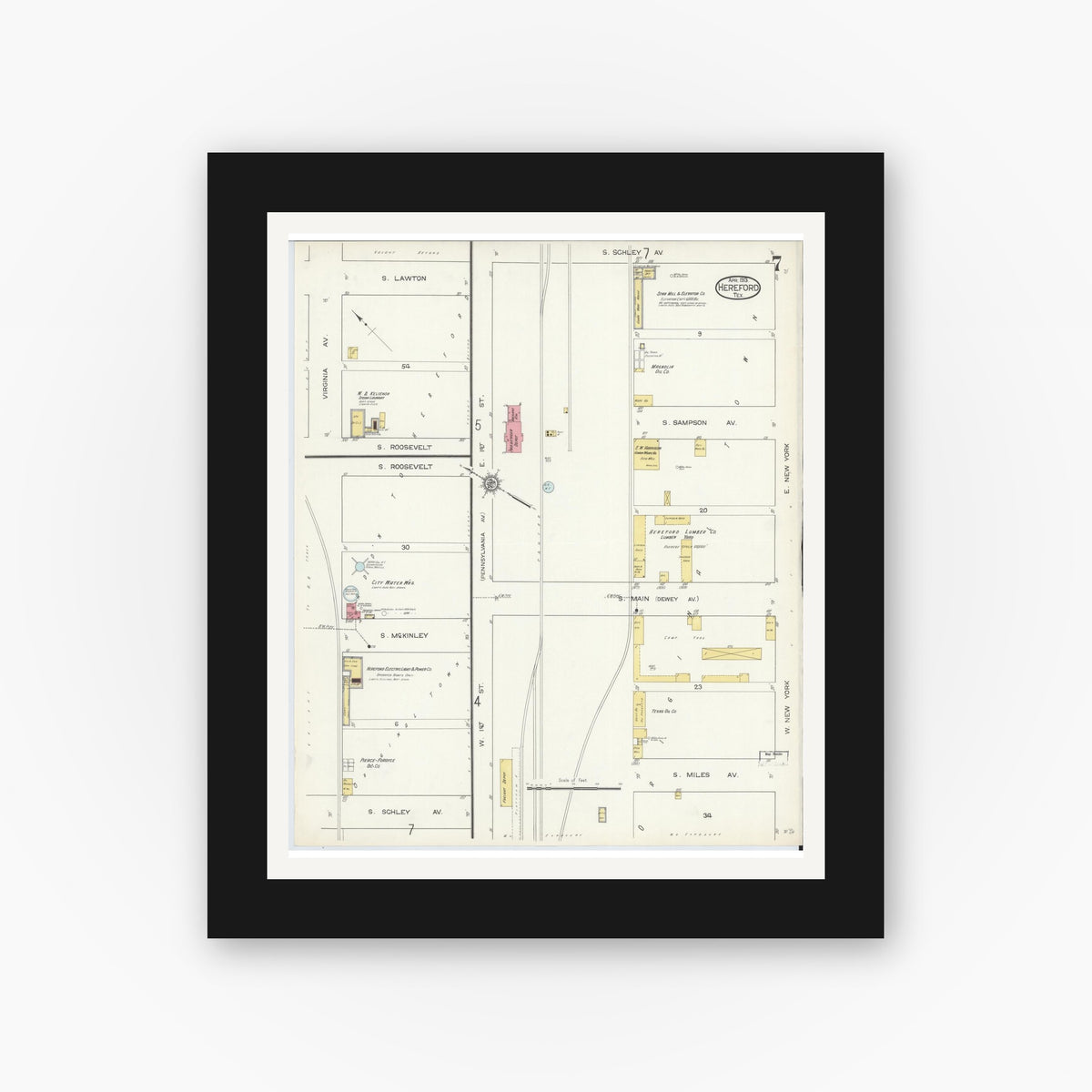 Old map wall art mockup — black gallery frame with white mat — Sanborn Fire Insurance Map from Hereford, Deaf Smith County, Texas (1913), Sheet #0007
