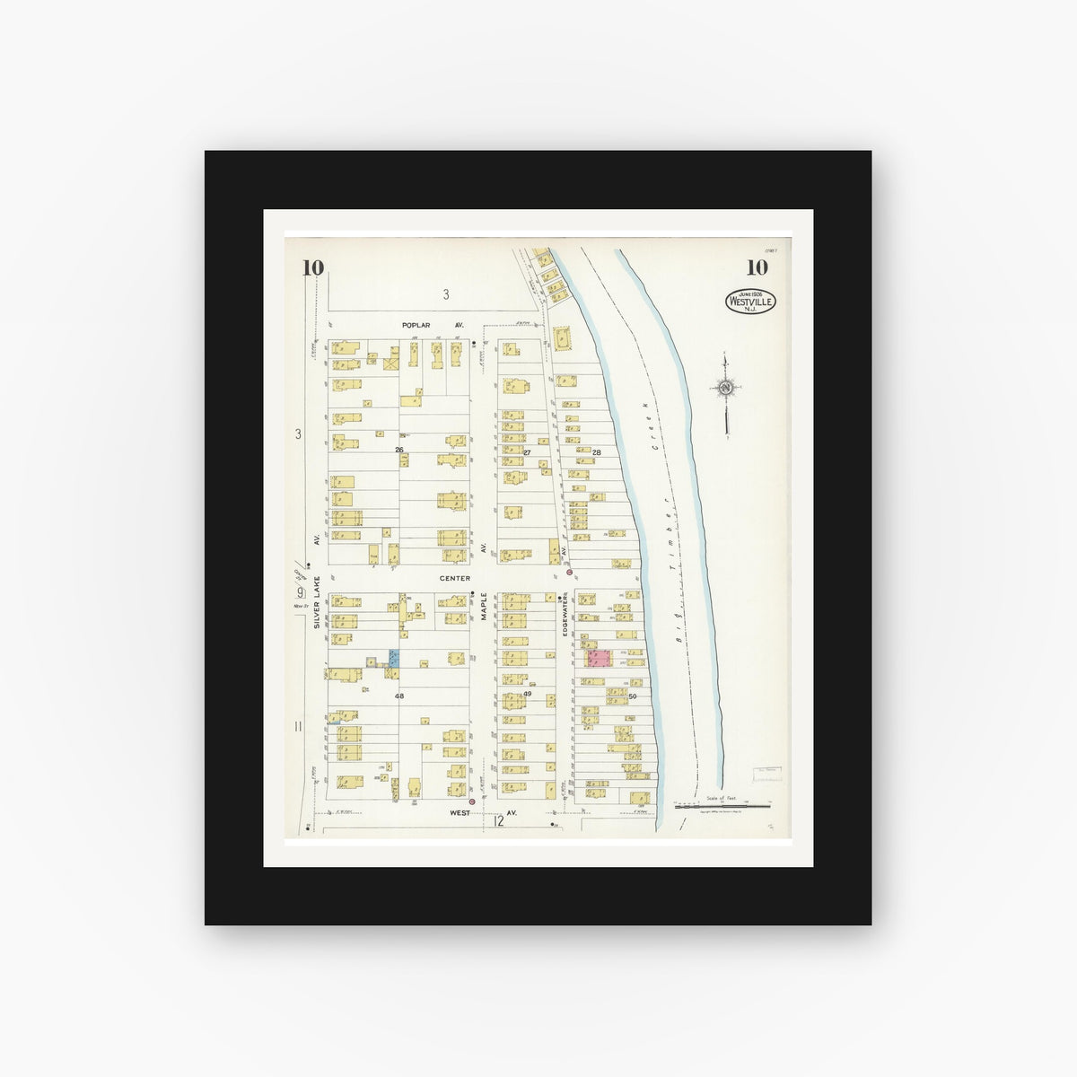 Old map wall art mockup — black gallery frame with white mat — Sanborn Fire Insurance Map from Westville, Gloucester County, New Jersey (1926), Sheet #0010