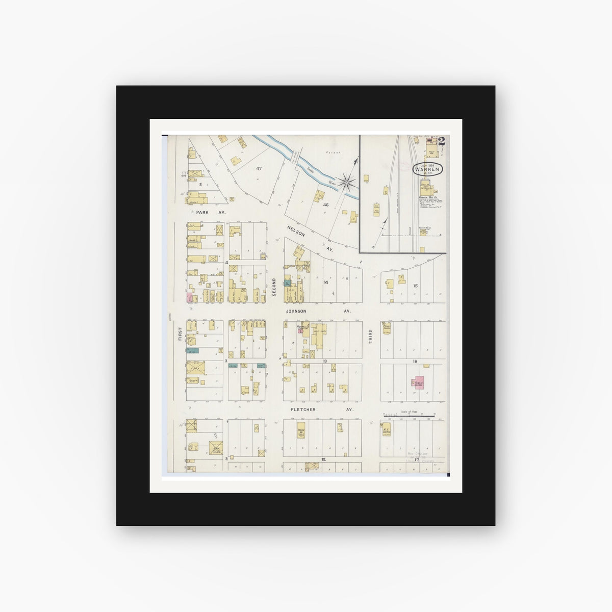 Old map wall art mockup — black gallery frame with white mat — Sanborn Fire Insurance Map from Warren, Marshall County, Minnesota (1894), Sheet #0002