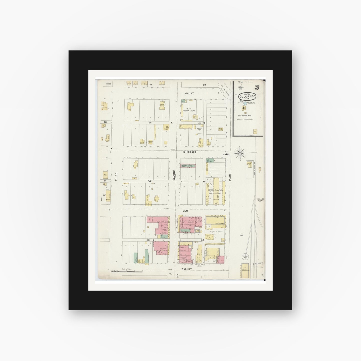 Old map wall art mockup — black gallery frame with white mat — Sanborn Fire Insurance Map from Colorado, Mitchell County, Texas (1896), Sheet #0003