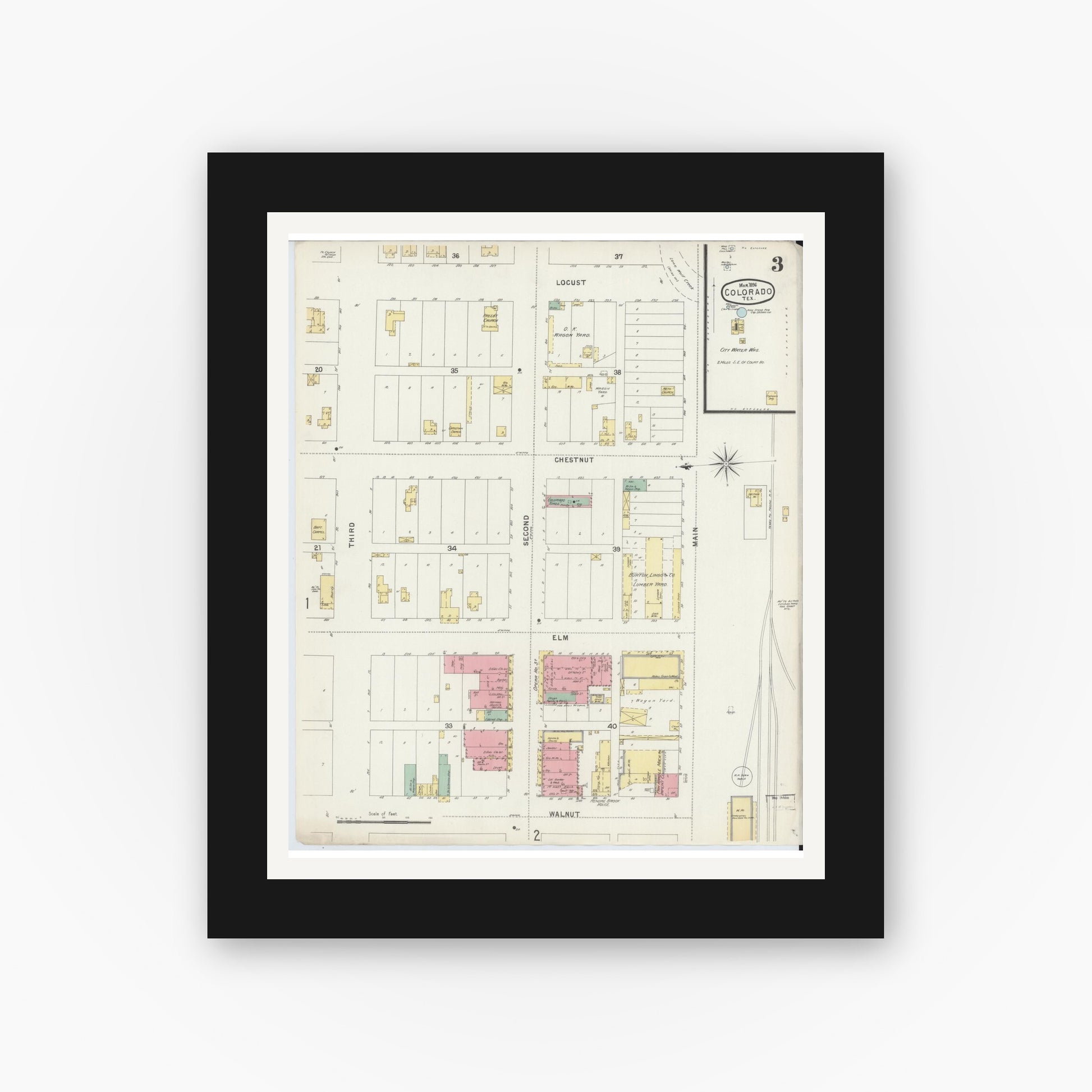 Old map wall art mockup — black gallery frame with white mat — Sanborn Fire Insurance Map from Colorado, Mitchell County, Texas (1896), Sheet #0003