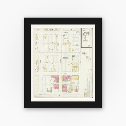 Old map wall art mockup — black gallery frame with white mat — Sanborn Fire Insurance Map from Colorado, Mitchell County, Texas (1896), Sheet #0003