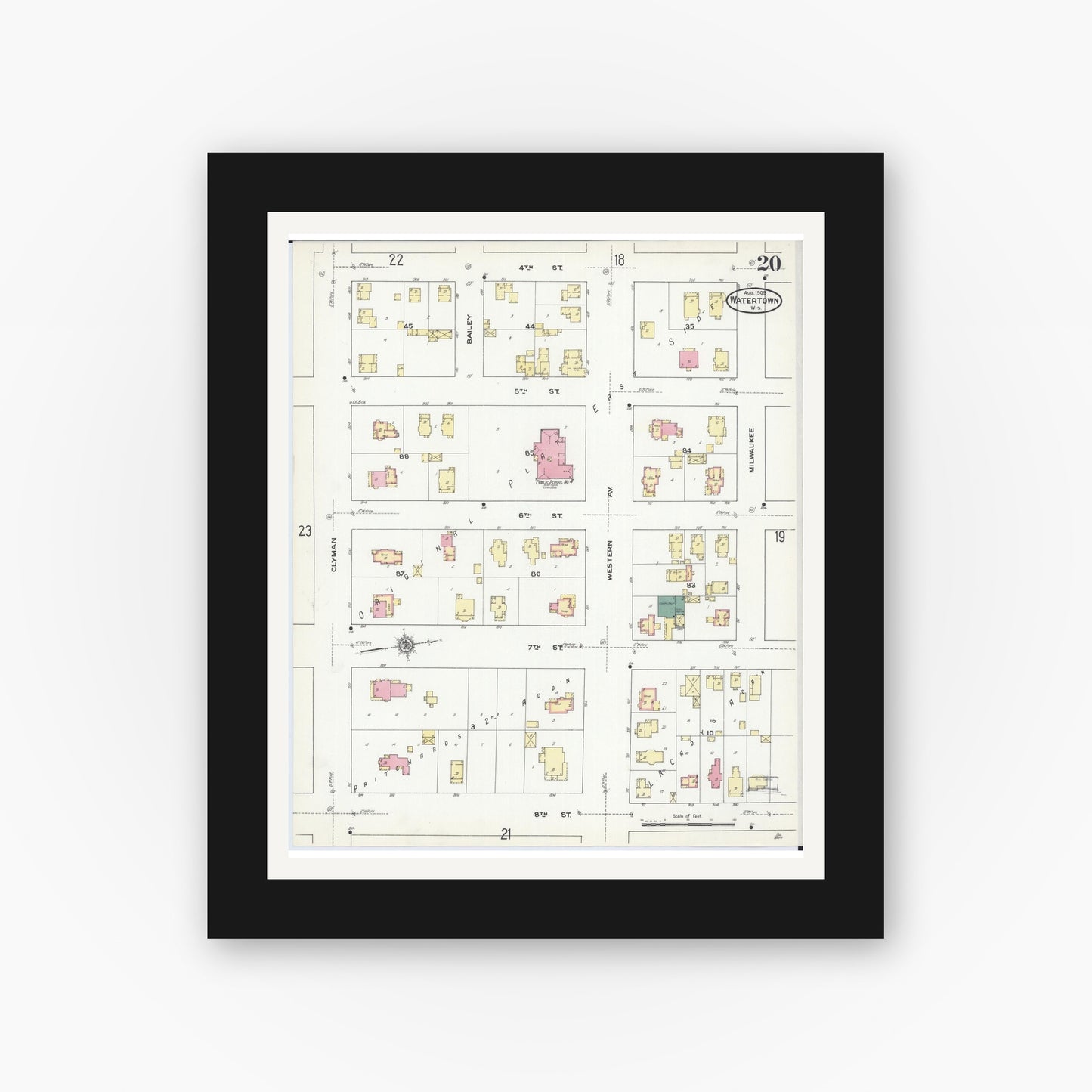 Old map wall art mockup — black gallery frame with white mat — Sanborn Fire Insurance Map from Watertown, Jefferson County, Wisconsin (1909), Sheet #0020