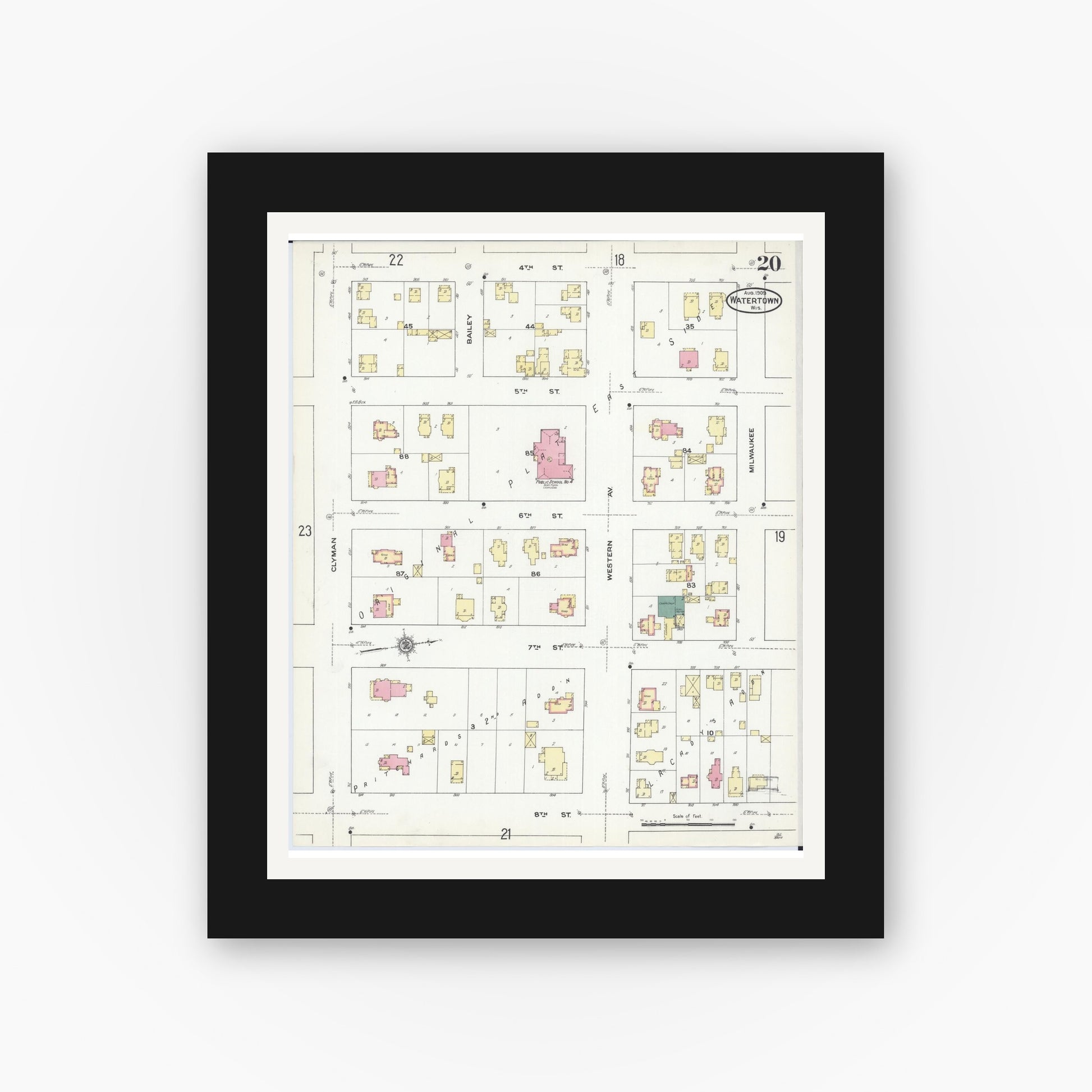 Old map wall art mockup — black gallery frame with white mat — Sanborn Fire Insurance Map from Watertown, Jefferson County, Wisconsin (1909), Sheet #0020