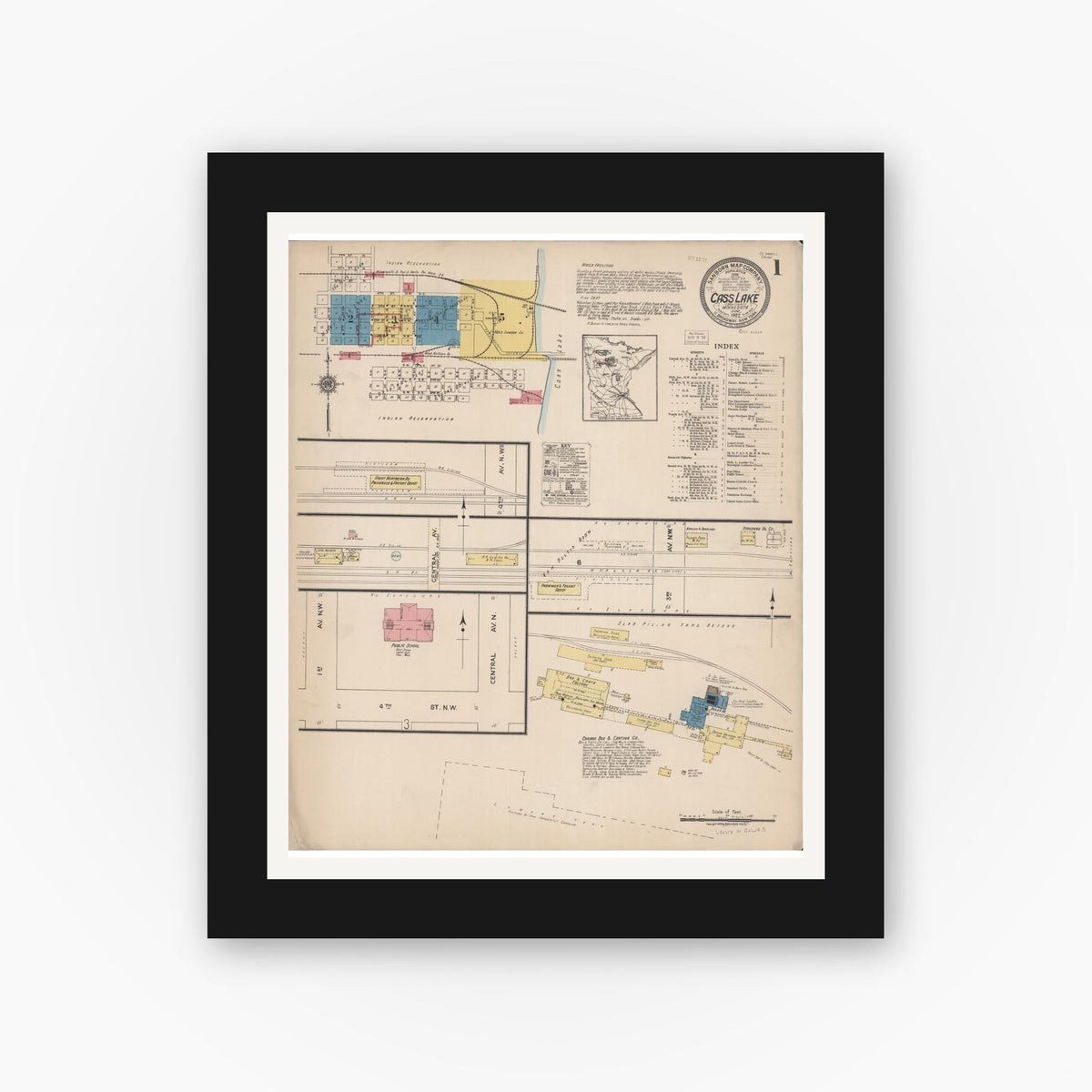 Old map wall art mockup — black gallery frame with white mat — Sanborn Fire Insurance Map from Cass Lake, Cass County, Minnesota (1922) - Complete Map Set
