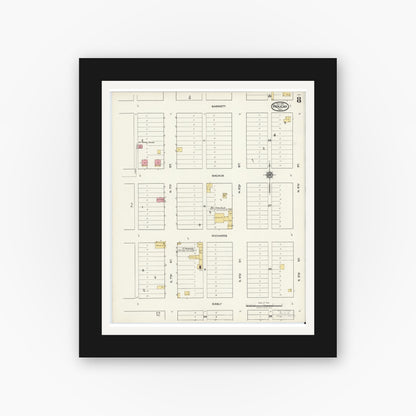 Old map wall art mockup — black gallery frame with white mat — Sanborn Fire Insurance Map from Paducah, Cottle County, Texas (1921), Sheet #0008