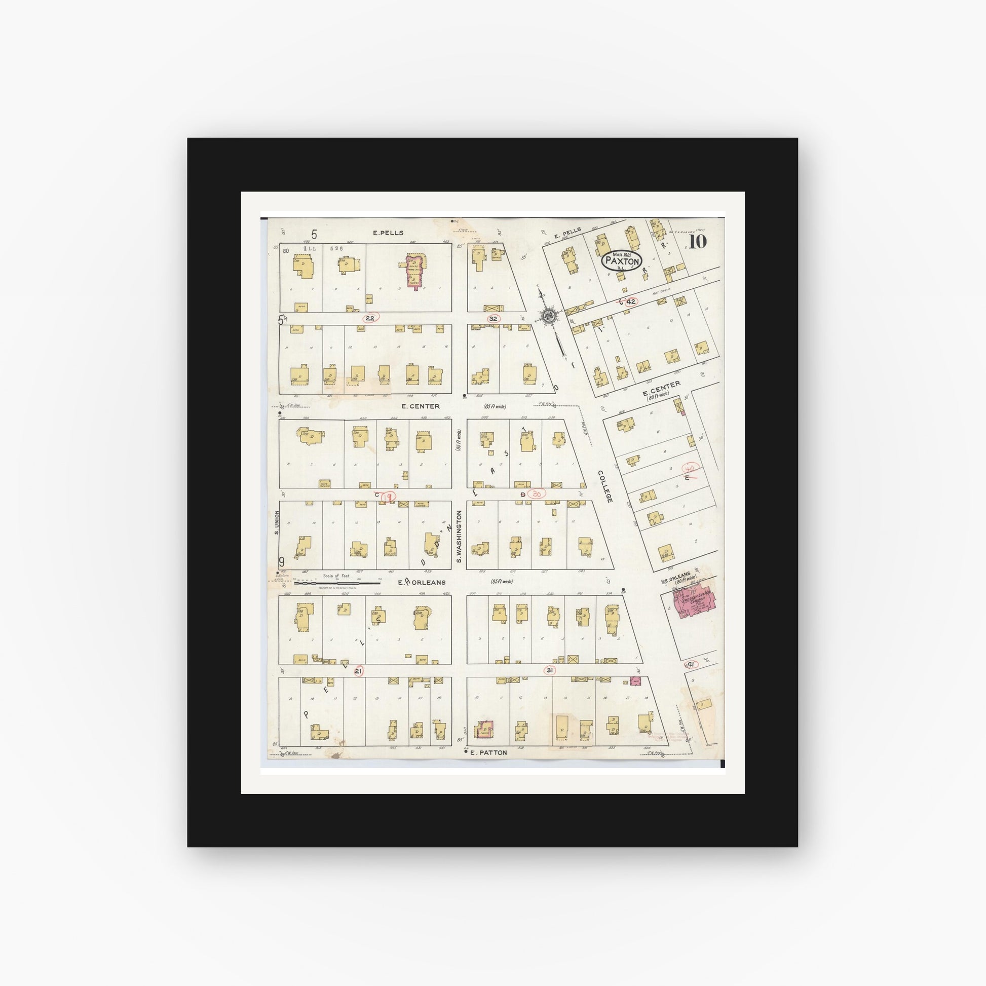 Old map wall art mockup — black gallery frame with white mat — Sanborn Fire Insurance Map from Paxton, Ford County, Illinois (1932), Sheet #0010