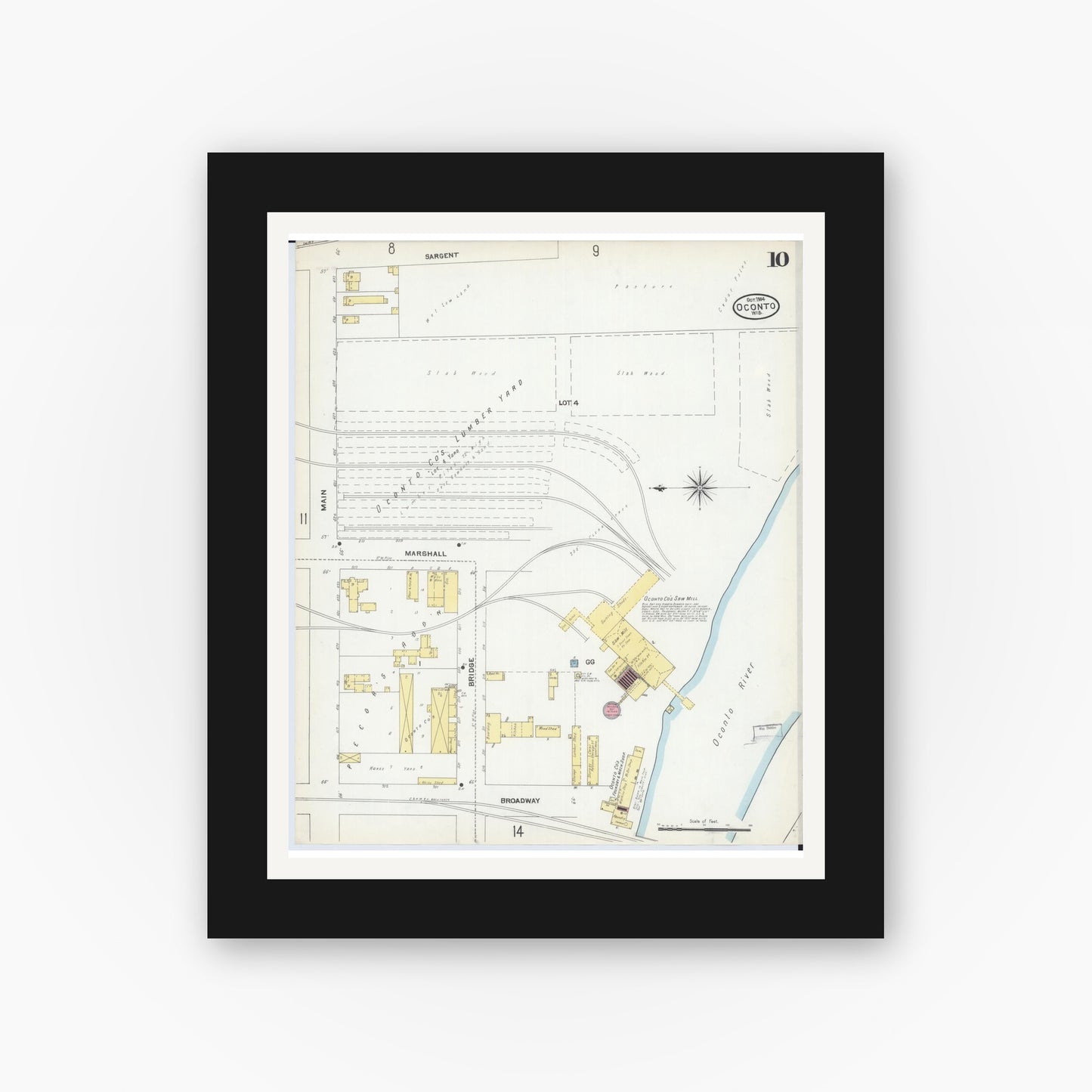 Old map wall art mockup — black gallery frame with white mat — Sanborn Fire Insurance Map from Oconto, Oconto County, Wisconsin (1904), Sheet #0010