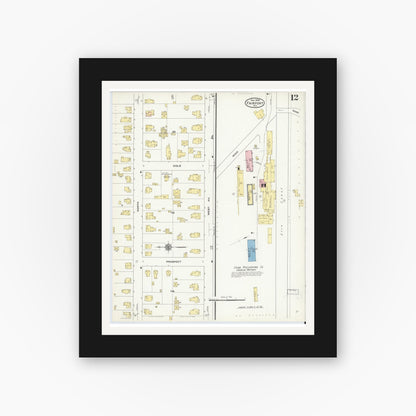 Old map wall art mockup — black gallery frame with white mat — Sanborn Fire Insurance Map from Fairport, Monroe County, New York (1909), Sheet #0012