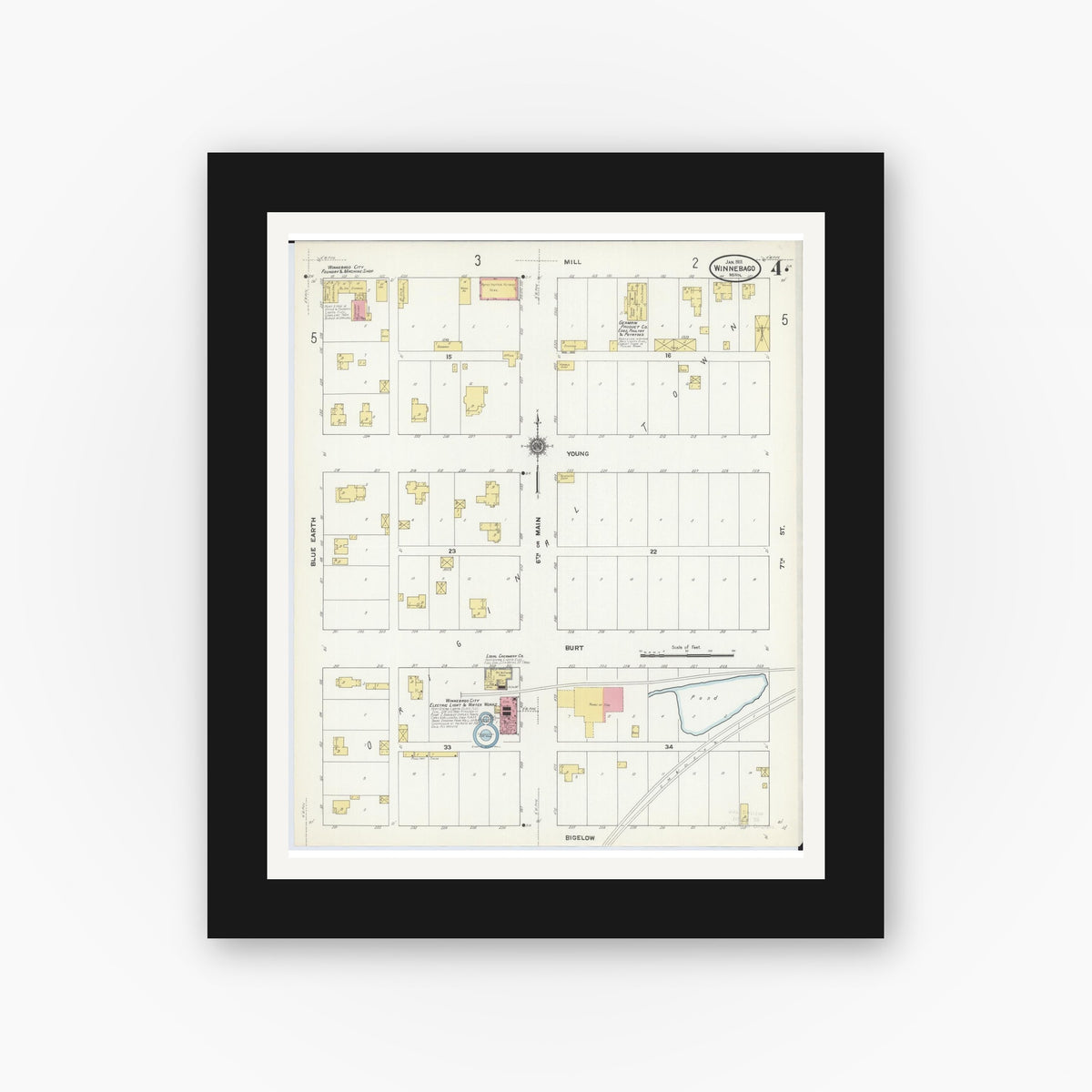 Old map wall art mockup — black gallery frame with white mat — Sanborn Fire Insurance Map from Winnebago, Faribault County, Minnesota (1911), Sheet #0004