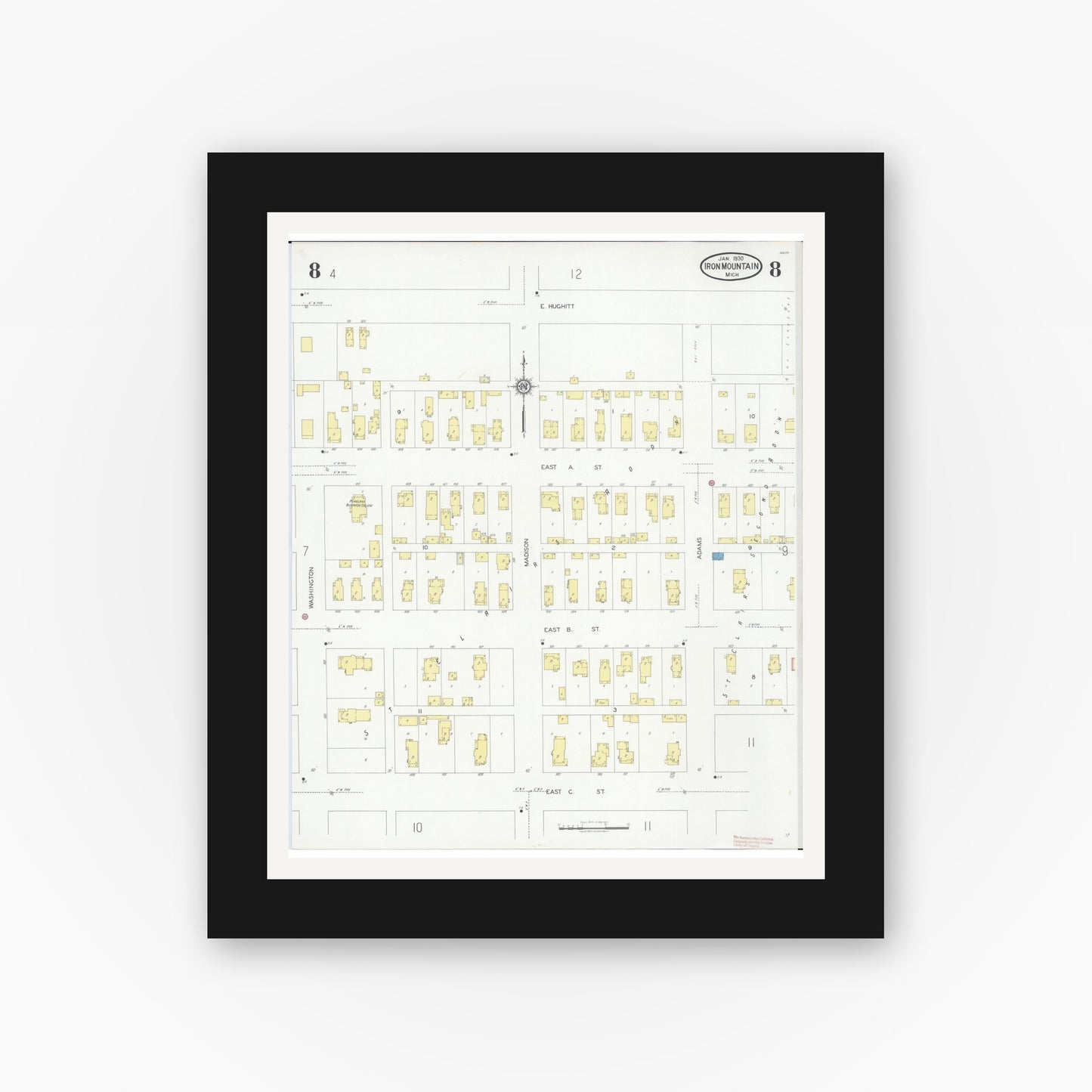 Old map wall art mockup — black gallery frame with white mat — Sanborn Fire Insurance Map from Iron Mountain, Dickinson County, Michigan (1930), Sheet #0008