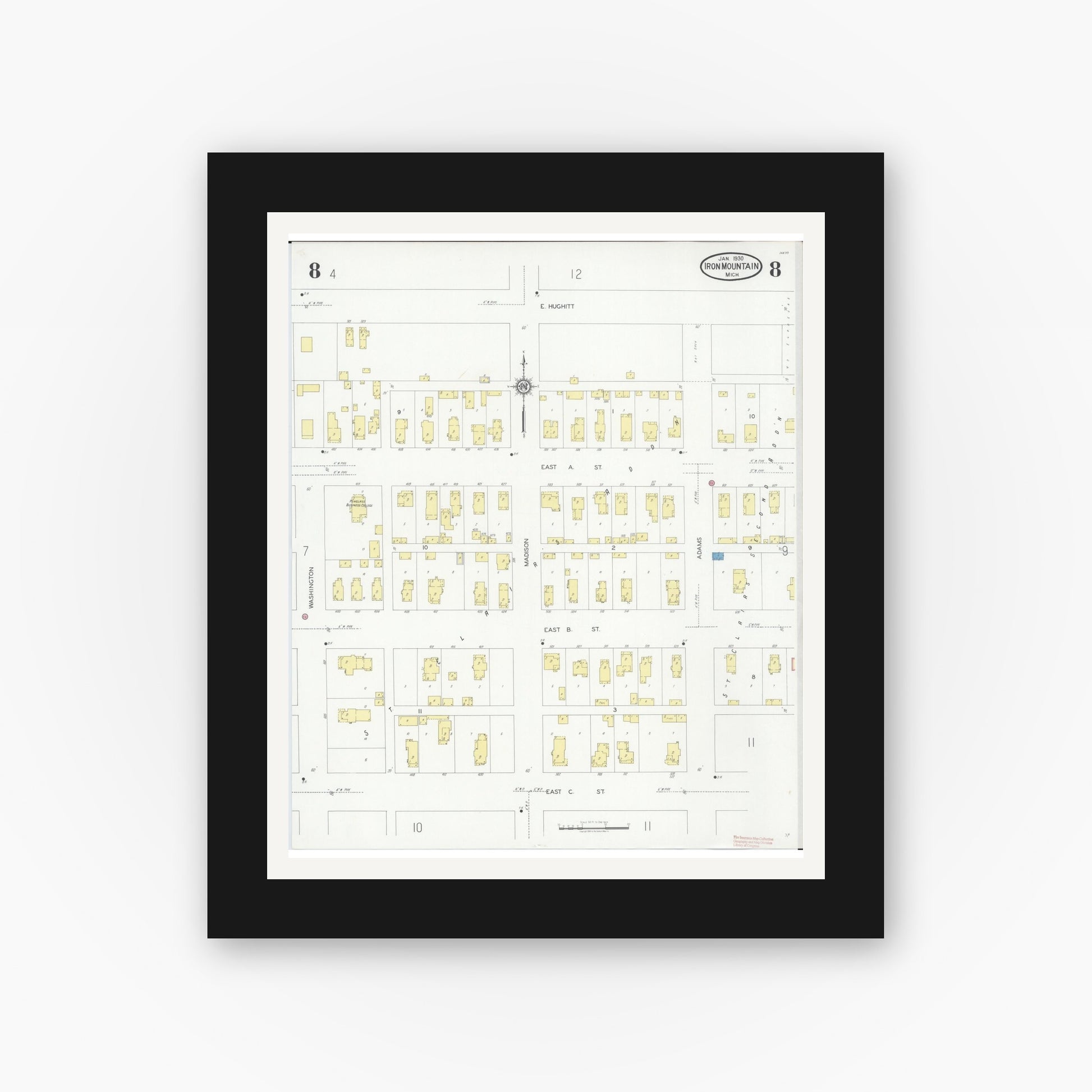 Old map wall art mockup — black gallery frame with white mat — Sanborn Fire Insurance Map from Iron Mountain, Dickinson County, Michigan (1930), Sheet #0008