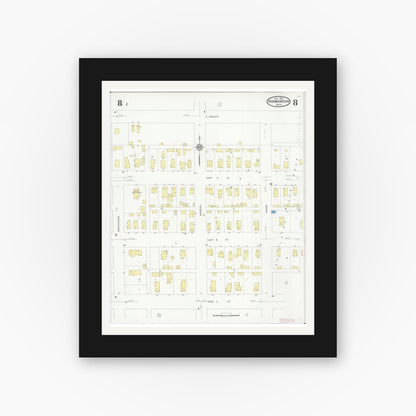 Old map wall art mockup — black gallery frame with white mat — Sanborn Fire Insurance Map from Iron Mountain, Dickinson County, Michigan (1930), Sheet #0008