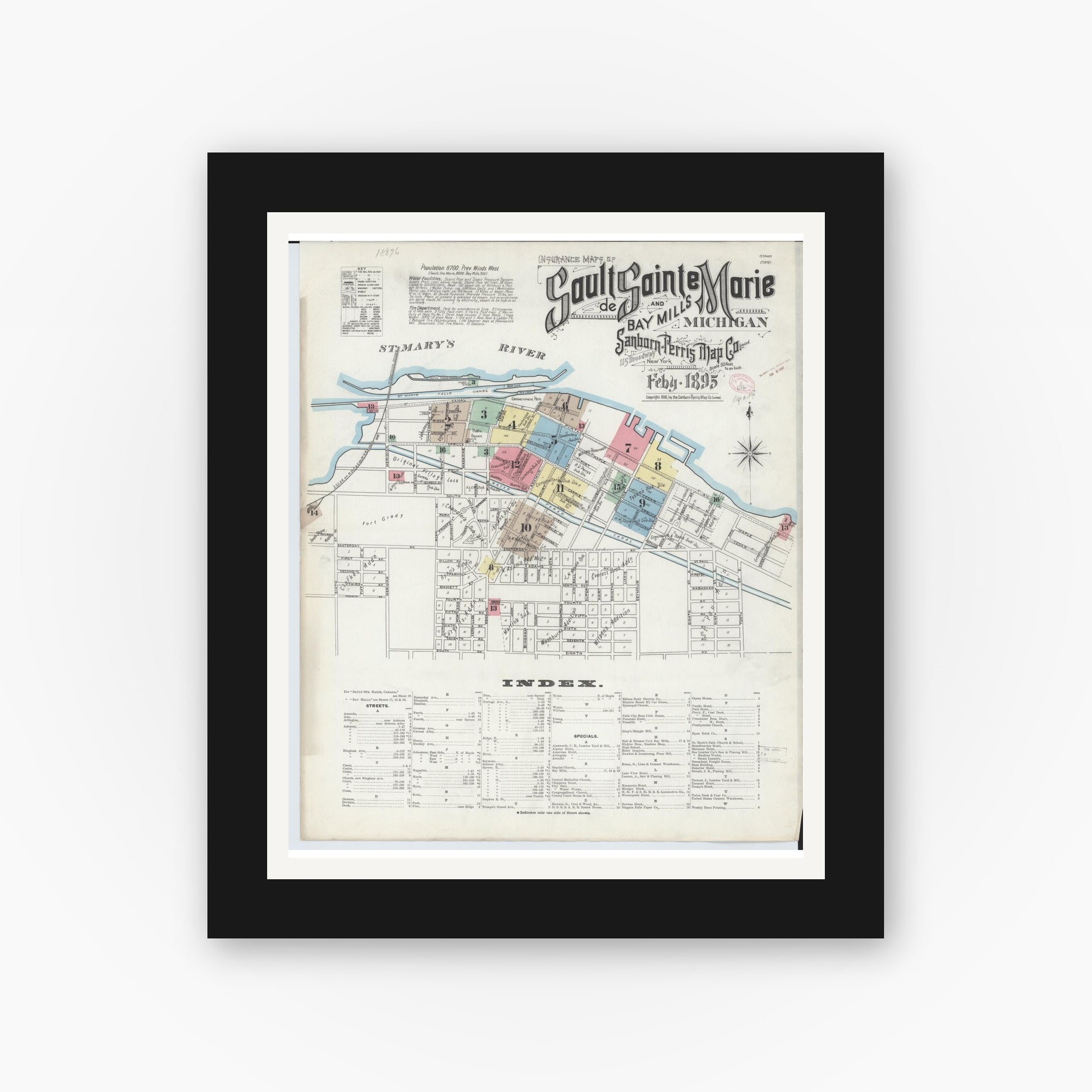 Old map wall art mockup — black gallery frame with white mat — Sanborn Fire Insurance Map from Sault Sainte Marie, Chippewa County, Michigan (1895) - Complete Map Set