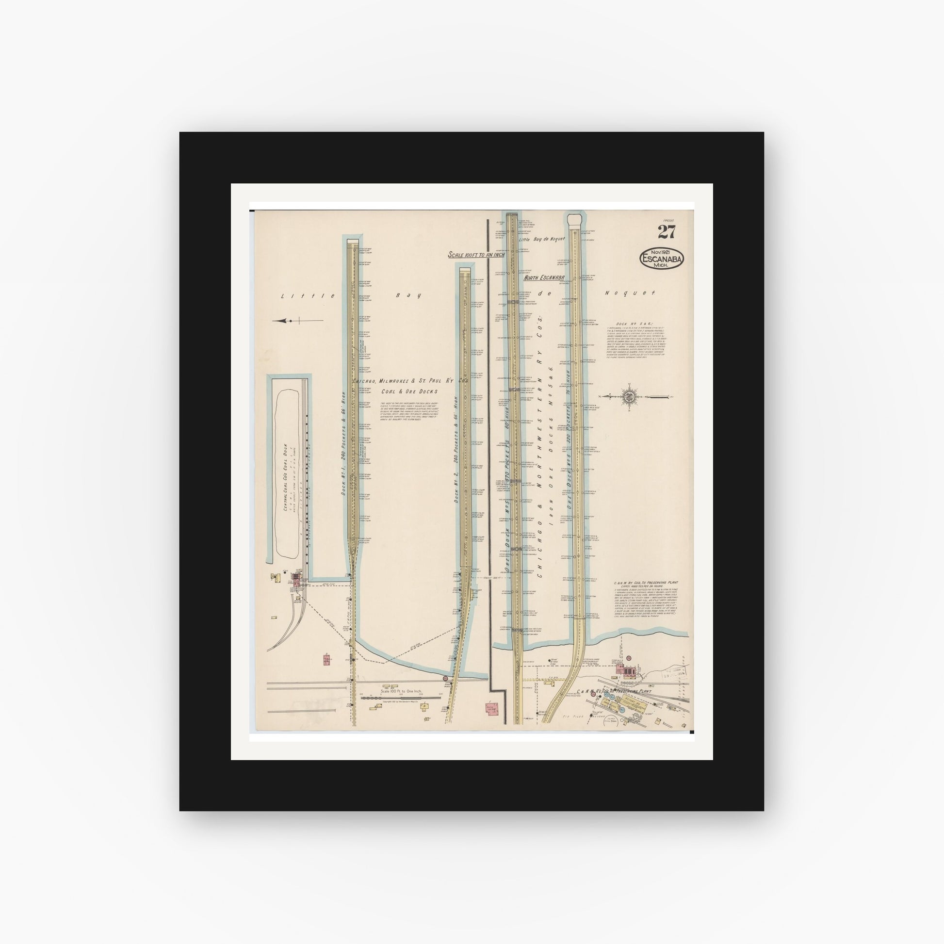 Old map wall art mockup — black gallery frame with white mat — Sanborn Fire Insurance Map from Escanaba, Delta County, Michigan (1921), Sheet #0027