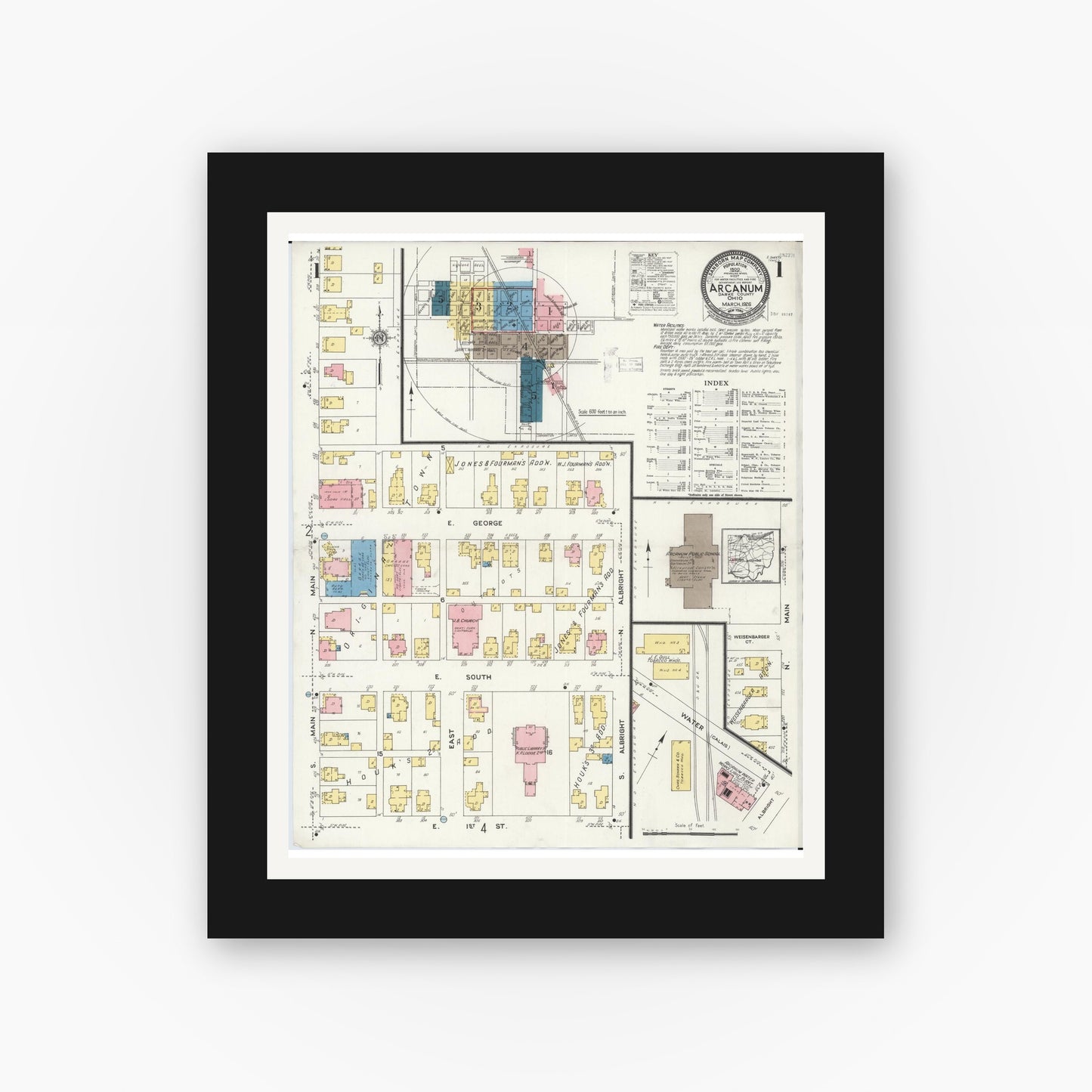 Old map wall art mockup — black gallery frame with white mat — Sanborn Fire Insurance Map from Arcanum, Darke County, Ohio (1926) - Complete Map Set