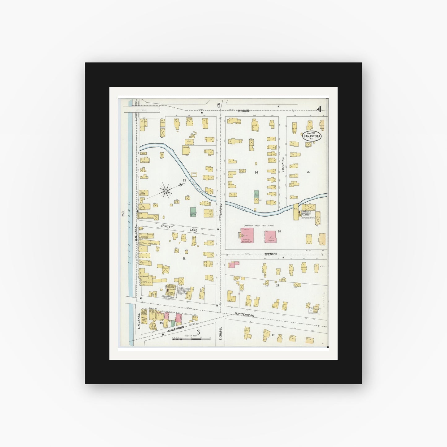 Old map wall art mockup — black gallery frame with white mat — Sanborn Fire Insurance Map from Canastota, Madison County, New York (1900), Sheet #0004