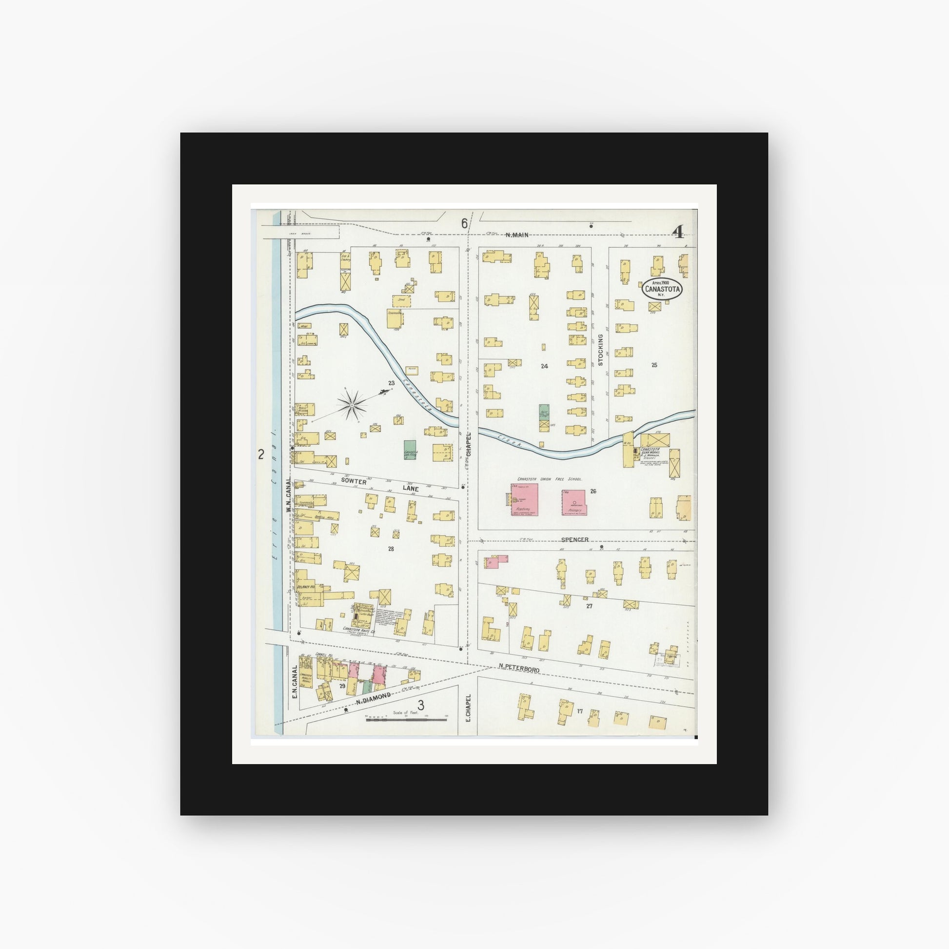 Old map wall art mockup — black gallery frame with white mat — Sanborn Fire Insurance Map from Canastota, Madison County, New York (1900), Sheet #0004