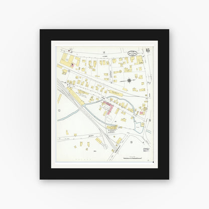 Old map wall art mockup — black gallery frame with white mat — Sanborn Fire Insurance Map from Milford, Worcester County, Massachusetts (1910), Sheet #0015