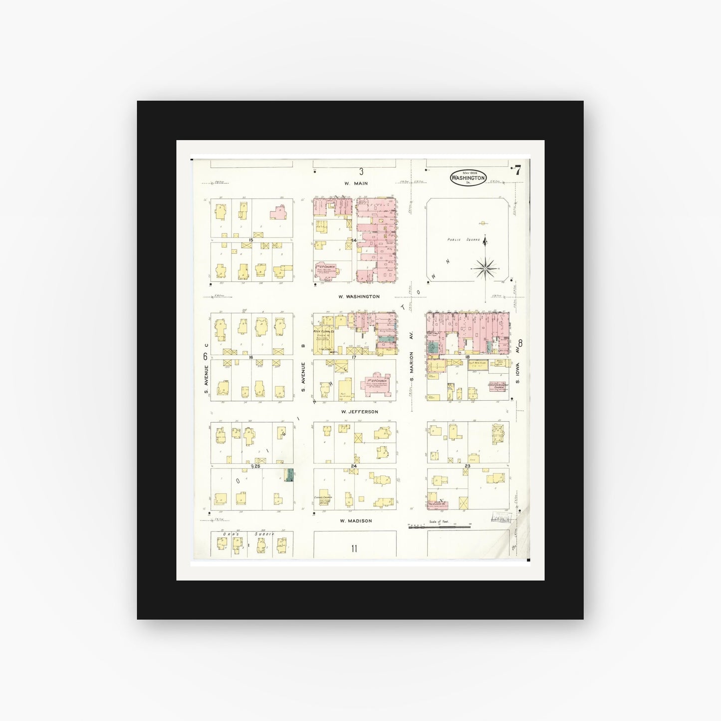 Old map wall art mockup — black gallery frame with white mat — Sanborn Fire Insurance Map from Washington, Washington County, Iowa (1909), Sheet #0007