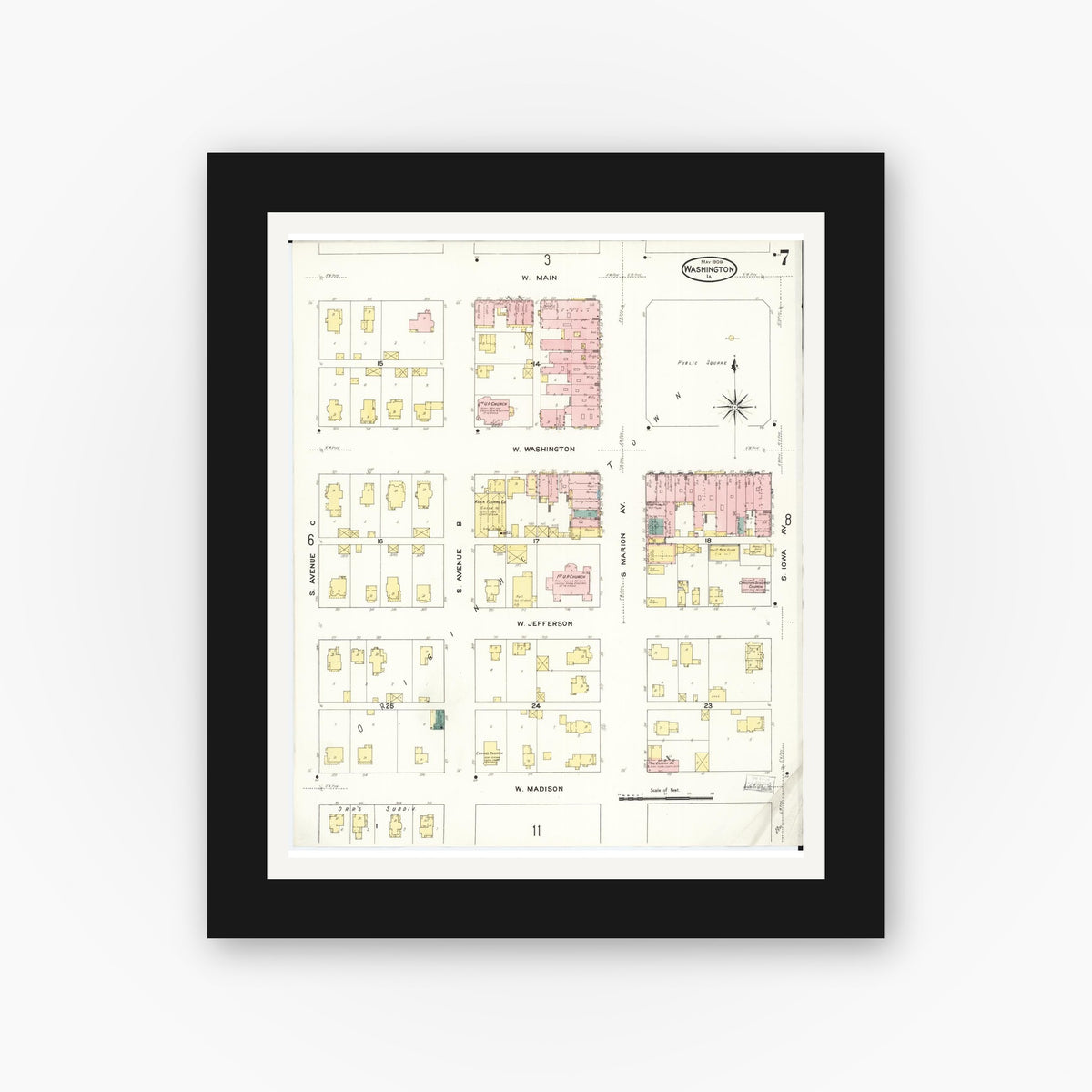 Old map wall art mockup — black gallery frame with white mat — Sanborn Fire Insurance Map from Washington, Washington County, Iowa (1909), Sheet #0007