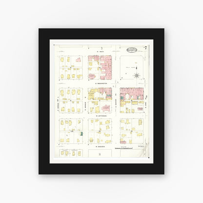 Old map wall art mockup — black gallery frame with white mat — Sanborn Fire Insurance Map from Washington, Washington County, Iowa (1909), Sheet #0007