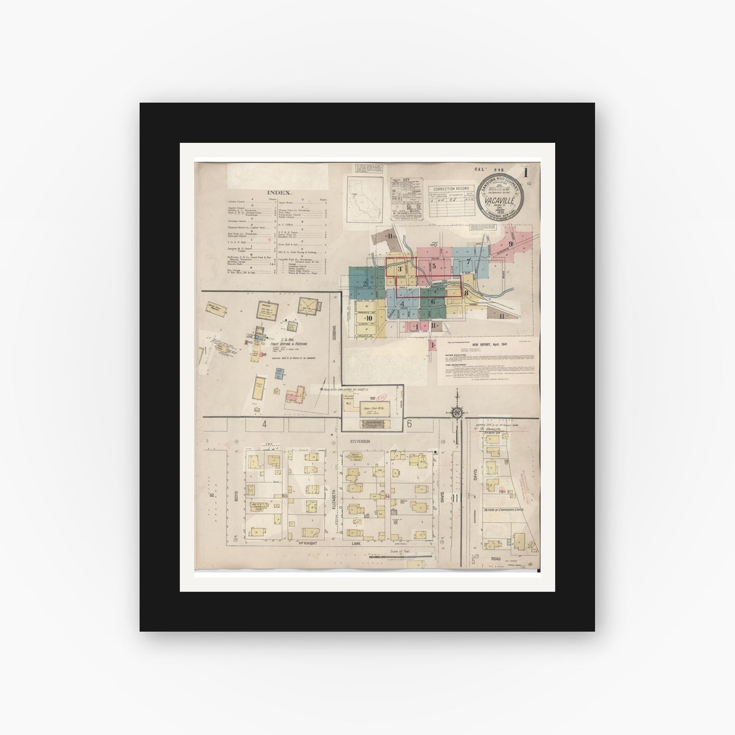 Old map wall art mockup — black gallery frame with white mat — Sanborn Fire Insurance Map from Vacaville, Solano County, California (1941) - Complete Map Set