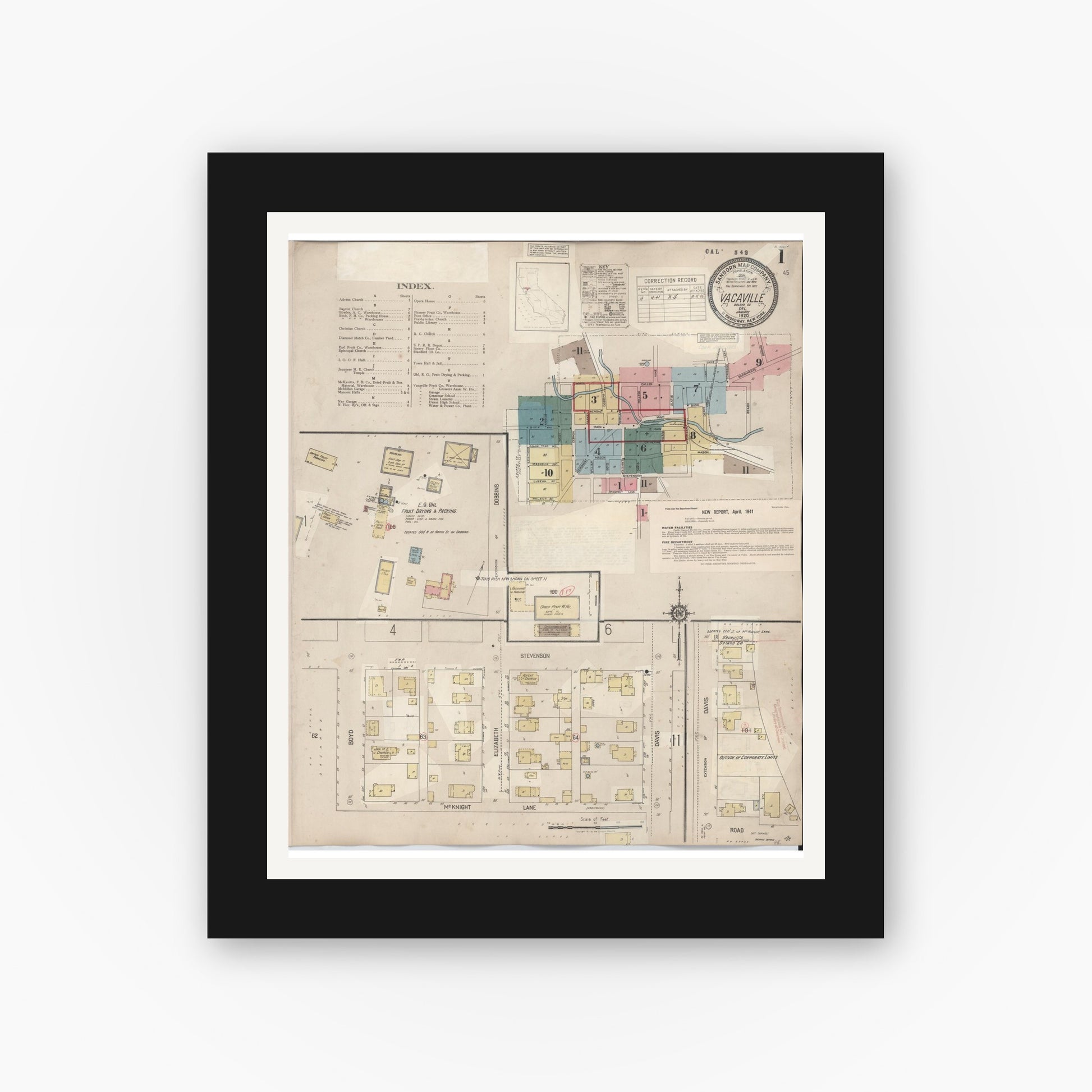 Old map wall art mockup — black gallery frame with white mat — Sanborn Fire Insurance Map from Vacaville, Solano County, California (1941) - Complete Map Set