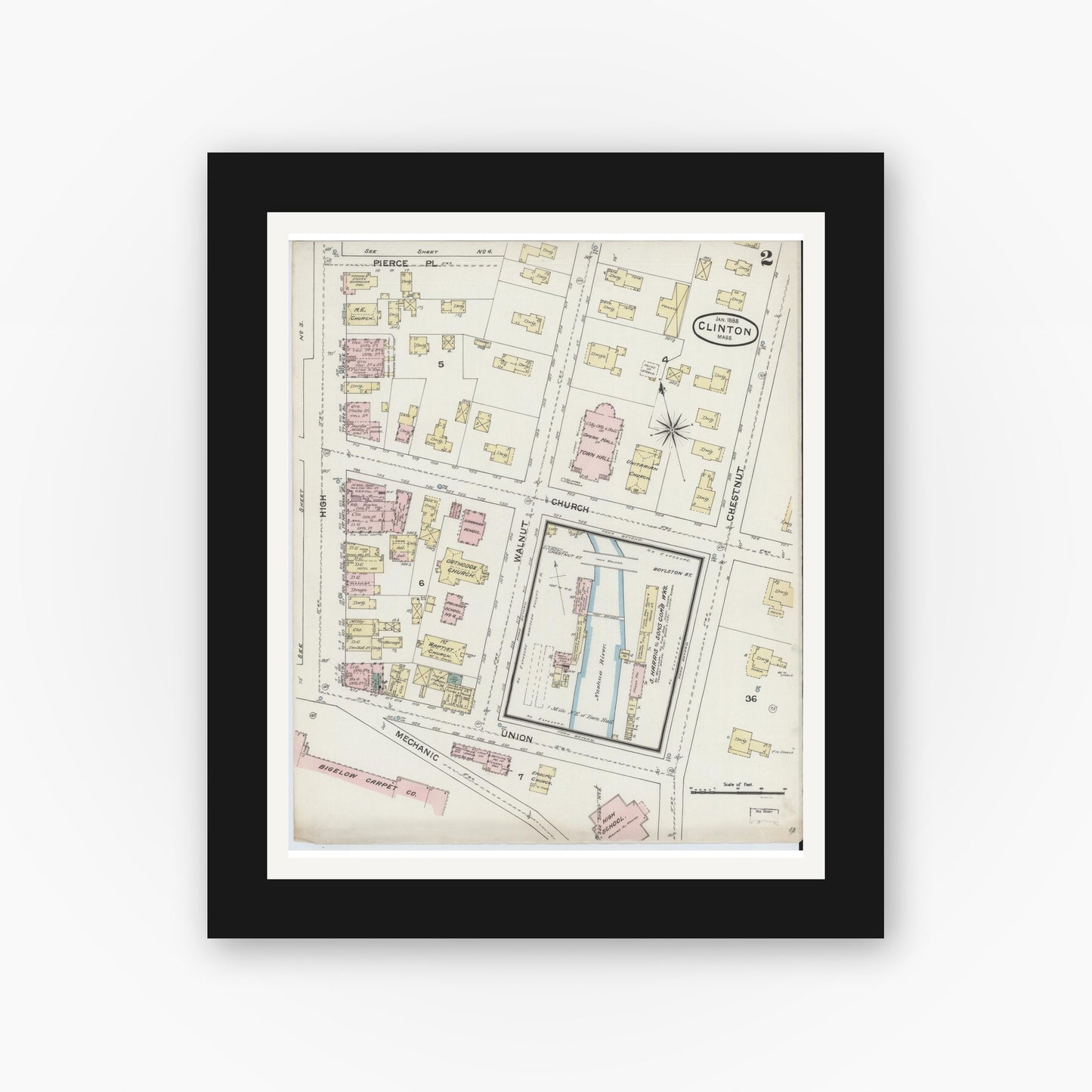 Old map wall art mockup — black gallery frame with white mat — Sanborn Fire Insurance Map from Clinton, Worcester County, Massachusetts (1888), Sheet #0002