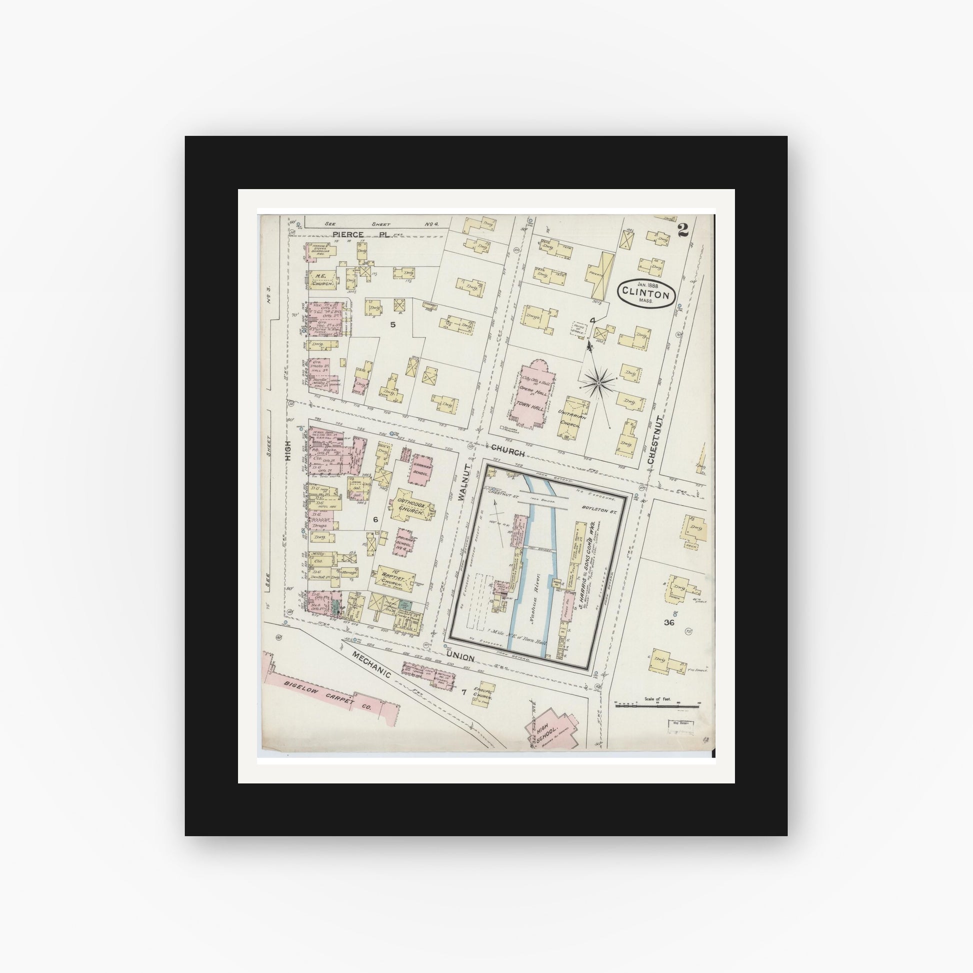 Old map wall art mockup — black gallery frame with white mat — Sanborn Fire Insurance Map from Clinton, Worcester County, Massachusetts (1888), Sheet #0002