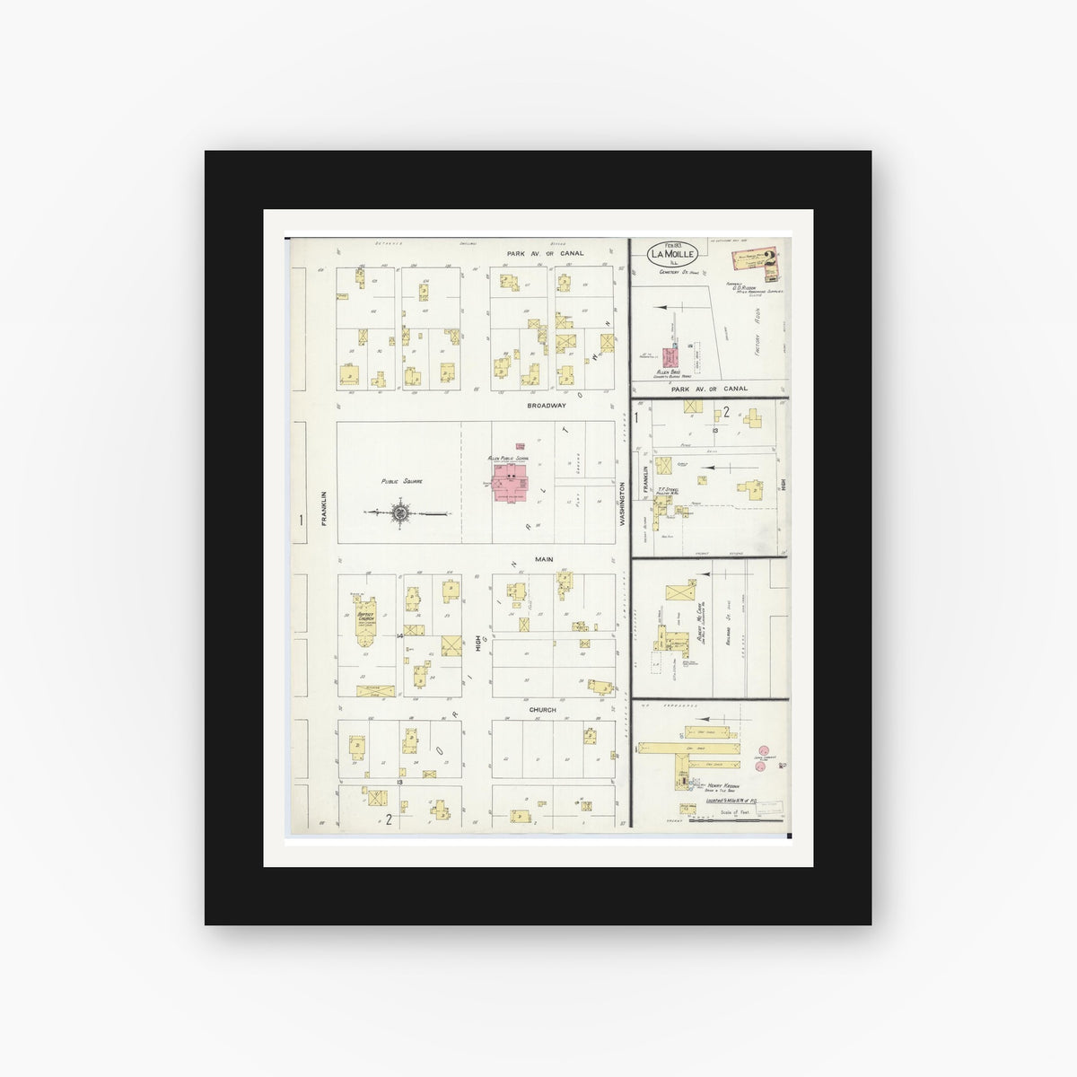 Old map wall art mockup — black gallery frame with white mat — Sanborn Fire Insurance Map from La Moille, Bureau County, Illinois (1913), Sheet #0002