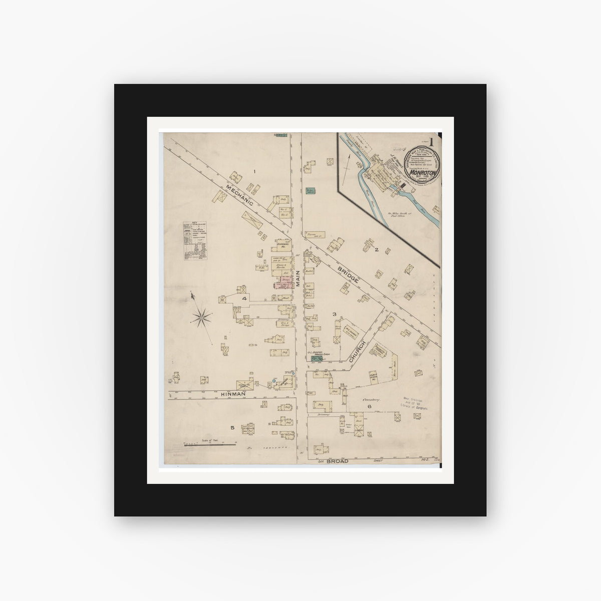 Old map wall art mockup — black gallery frame with white mat — Sanborn Fire Insurance Map from Monroeton, Bradford County, Pennsylvania (1885) - Complete Map Set