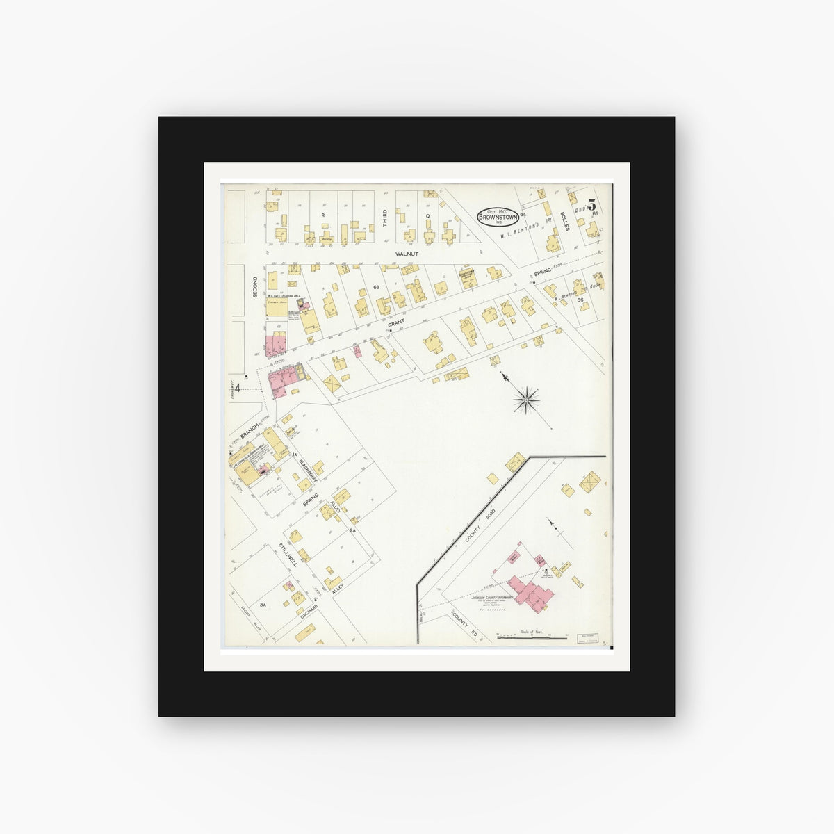 Old map wall art mockup — black gallery frame with white mat — Sanborn Fire Insurance Map from Brownstown, Jackson County, Indiana (1907), Sheet #0005