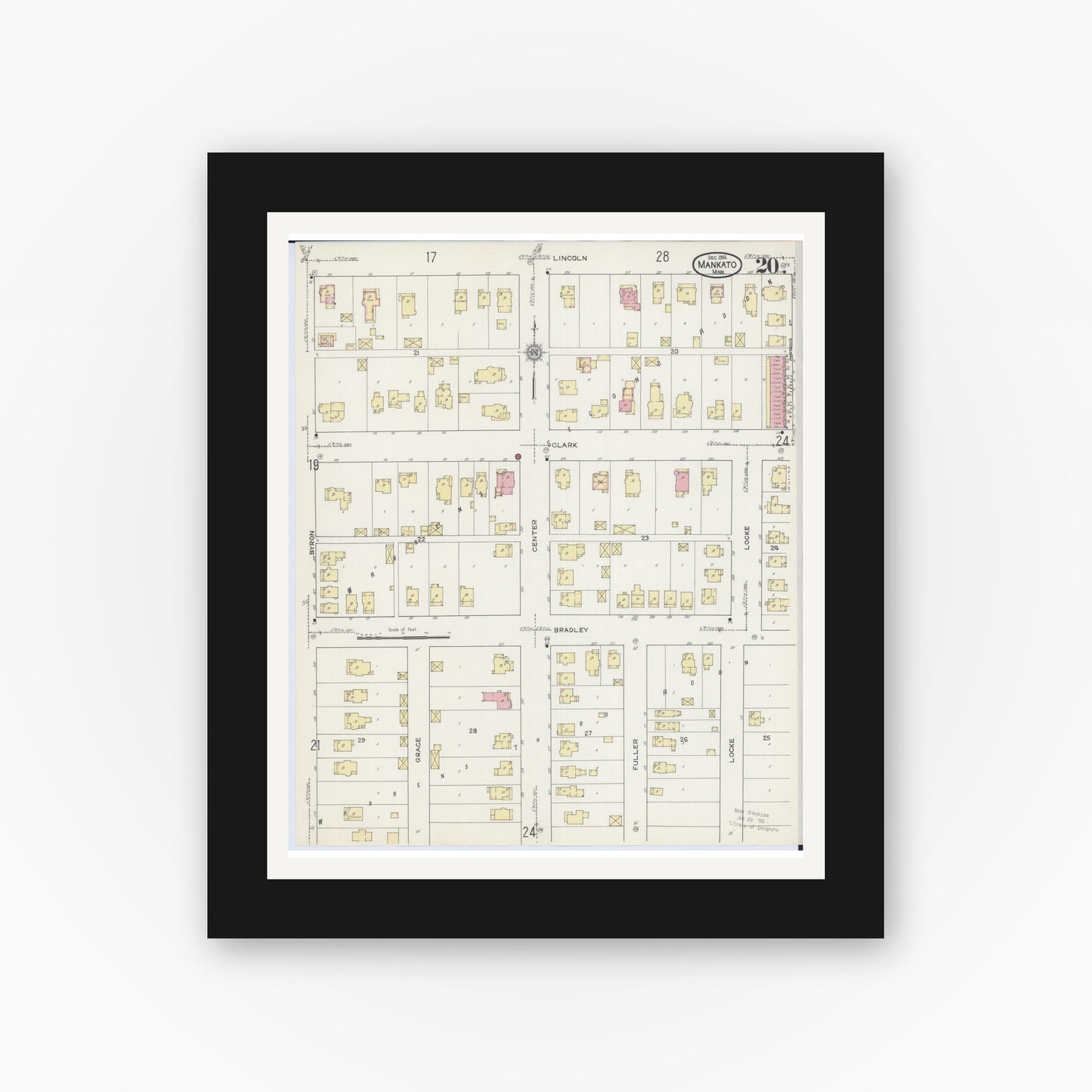 Old map wall art mockup — black gallery frame with white mat — Sanborn Fire Insurance Map from Mankato, Blue Earth County, Minnesota (1914), Sheet #0020