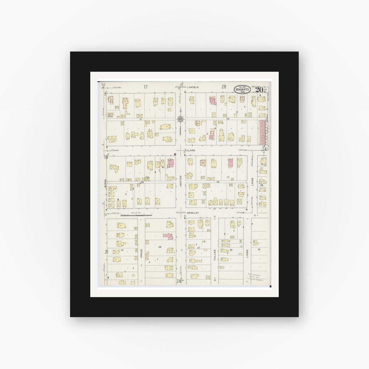 Old map wall art mockup — black gallery frame with white mat — Sanborn Fire Insurance Map from Mankato, Blue Earth County, Minnesota (1914), Sheet #0020