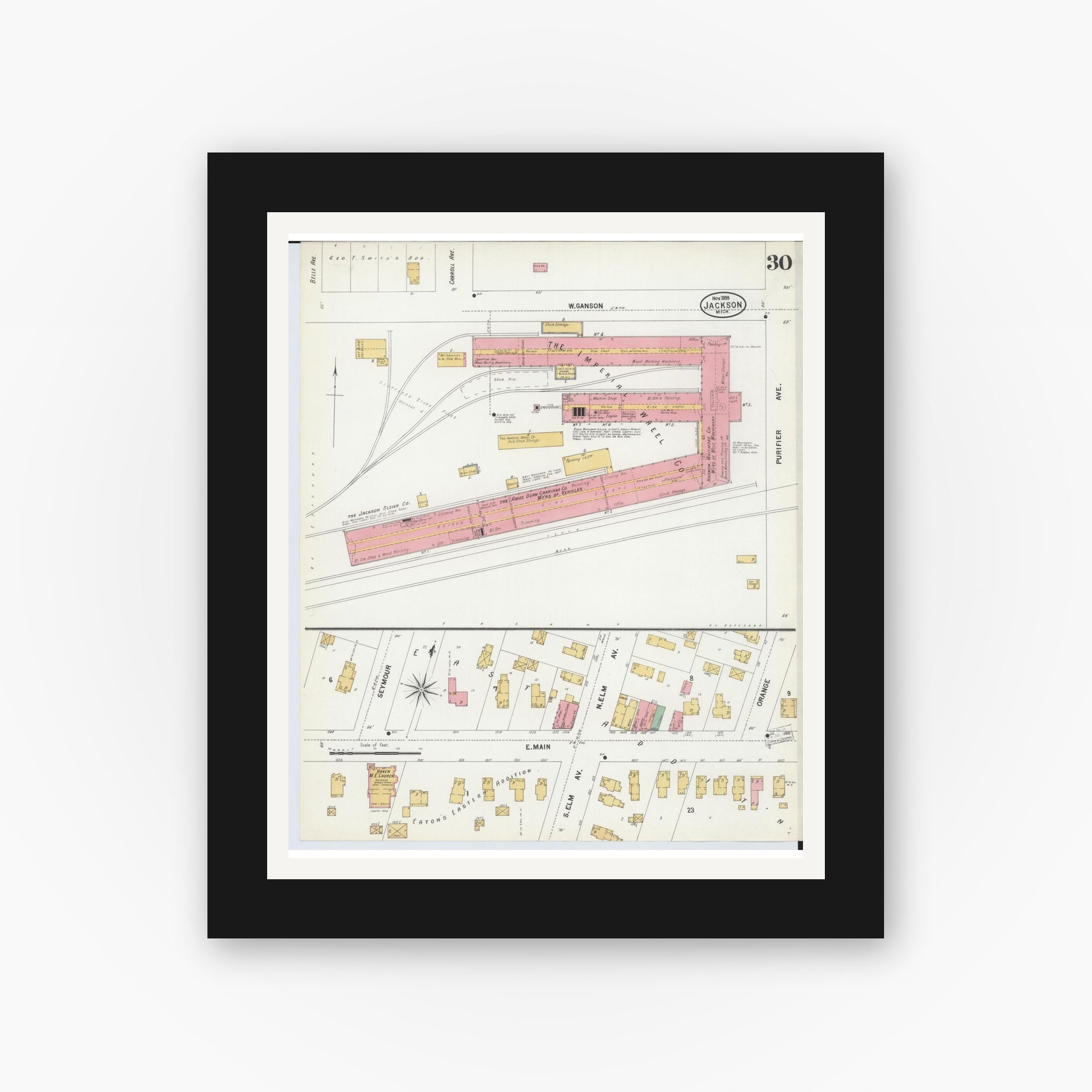 Old map wall art mockup — black gallery frame with white mat — Sanborn Fire Insurance Map from Jackson, Jackson County, Michigan (1899), Sheet #0030