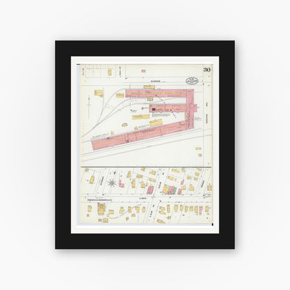 Old map wall art mockup — black gallery frame with white mat — Sanborn Fire Insurance Map from Jackson, Jackson County, Michigan (1899), Sheet #0030