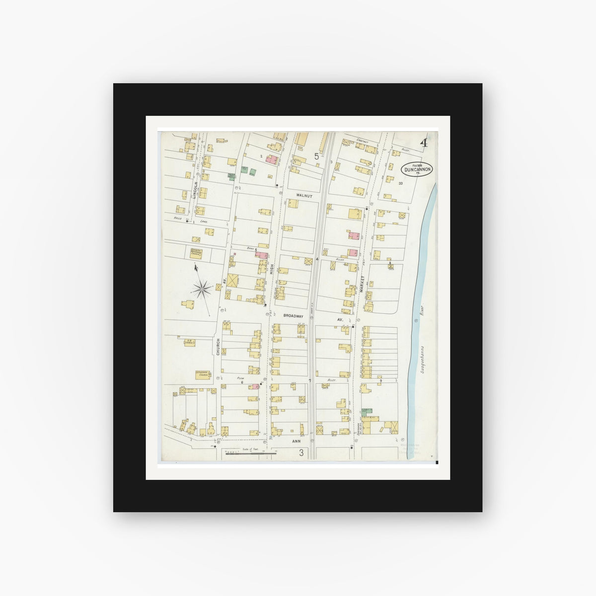 Old map wall art mockup — black gallery frame with white mat — Sanborn Fire Insurance Map from Duncannon, Perry County, Pennsylvania (1899), Sheet #0004