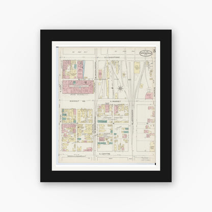 Old map wall art mockup — black gallery frame with white mat — Sanborn Fire Insurance Map from Springfield, Clark County, Ohio (1886), Sheet #0005