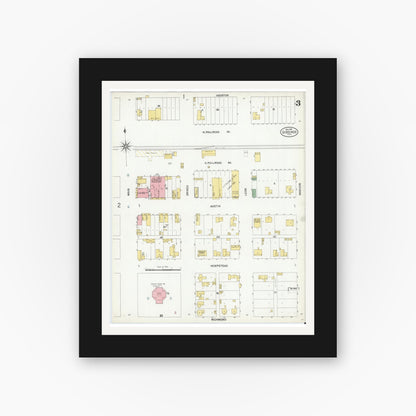 Old map wall art mockup — black gallery frame with white mat — Sanborn Fire Insurance Map from Giddings, Lee County, Texas (1901), Sheet #0003